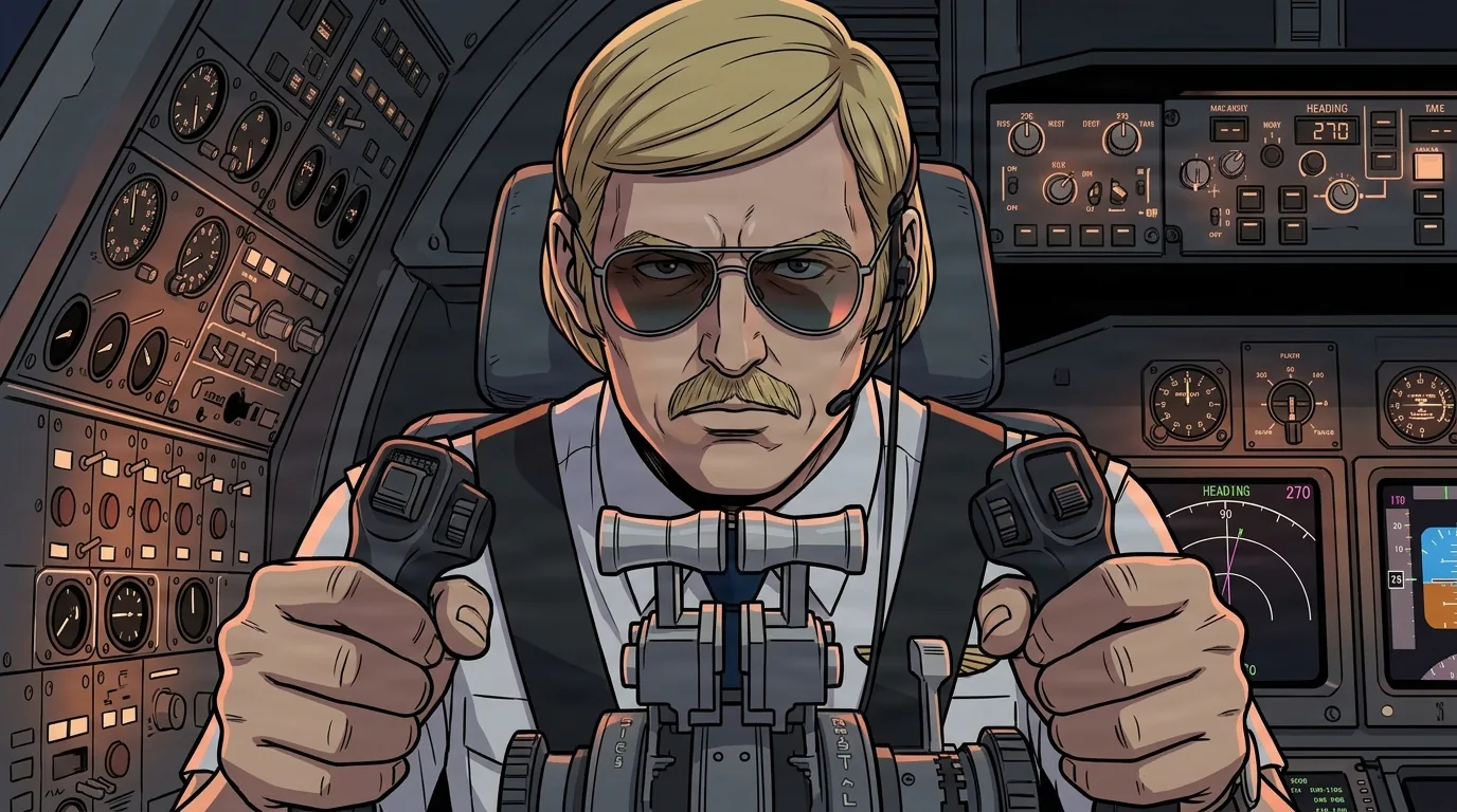 Seorang pilot pirang berkumis dengan kacamata hitam aviator dan headset mencengkeram kemudi dengan kedua tangan di dalam kokpit pesawat penumpang yang sibuk penuh dengan indikator bercahaya.