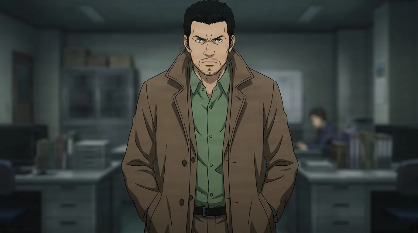 Shuichi Aizawa, un détective à la barbe naissante en trench-coat brun par-dessus une chemise verte, se tient les mains dans les poches et le sourcil bourru dans un bureau de police sombre.