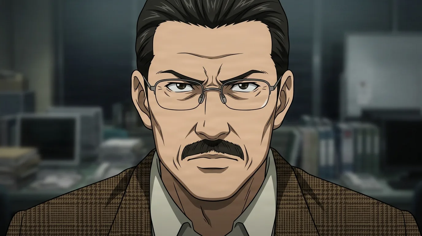 Soichiro Yagami, un homme âgé aux cheveux ramenés en arrière, aux lunettes sans monture et à la moustache, affiche une expression ferme et résolue dans un bureau sombre de la cellule d'enquête.