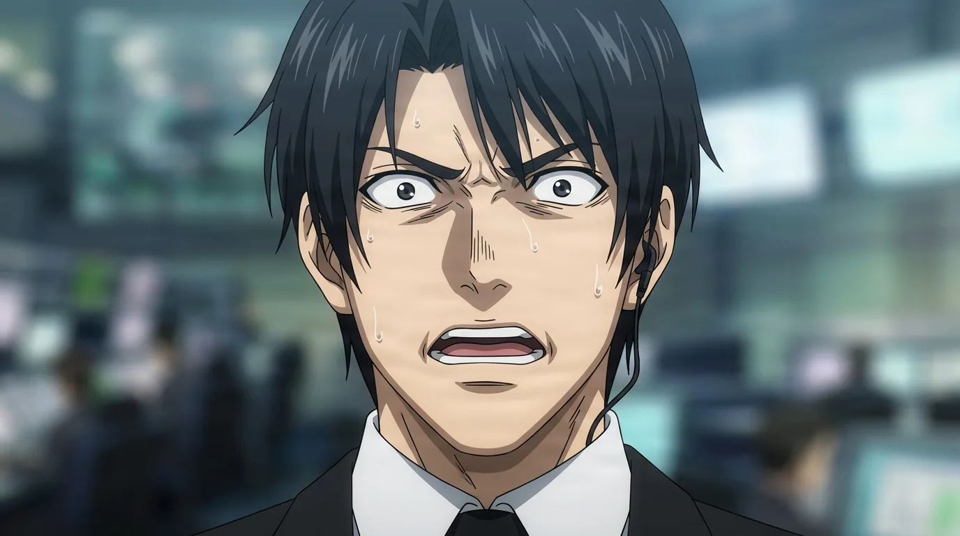 『DEATH NOTE』のキャラクター、ステファン・ジェバンニ。細部まで描き込まれた背景を伴う、クローズアップのセル画調アニメシーンとして描かれている。