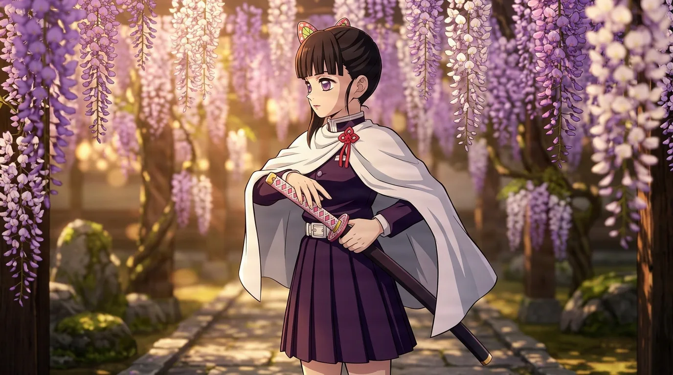 Kanao Tsuyuri de pie con una mano apoyada en su espada enfundada, capa blanca y uniforme morado, en un patio cubierto de glicinas a la hora dorada.