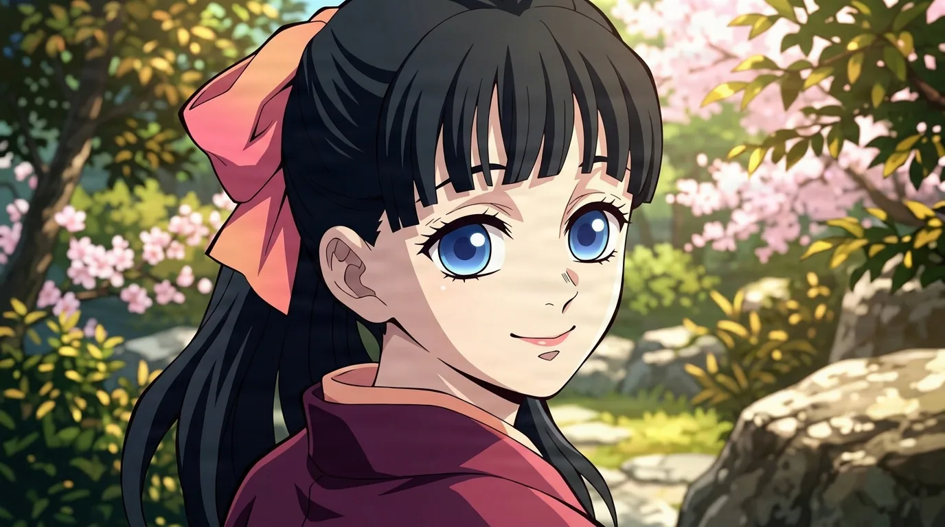 Giovane donna sorridente con lunghi capelli neri e un nastro rosa tra i capelli in un kimono rosso in piedi tra ciliegi in fiore