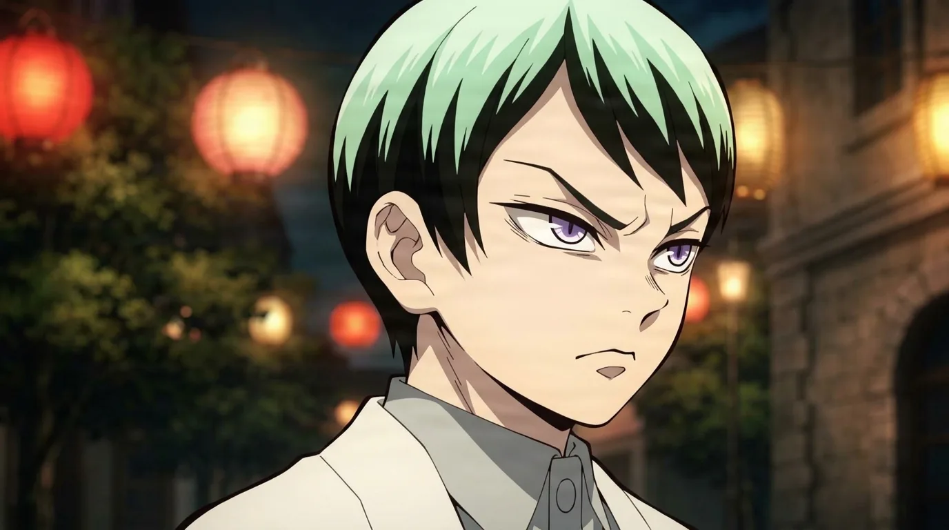 Yushiro mira con furia hacia un lado con un ceño hosco y receloso, cabello verde y negro y ojos morado pálido, en una calle nocturna iluminada por farolillos.