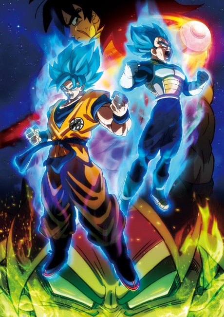 Dragon Ball Super: Broly (2018) original theatrical poster art. The canon reboot of Broly featuring Goku, Vegeta, and Broly clashing on the icy planet Vampa and the debut of the canon Gogeta Blue.