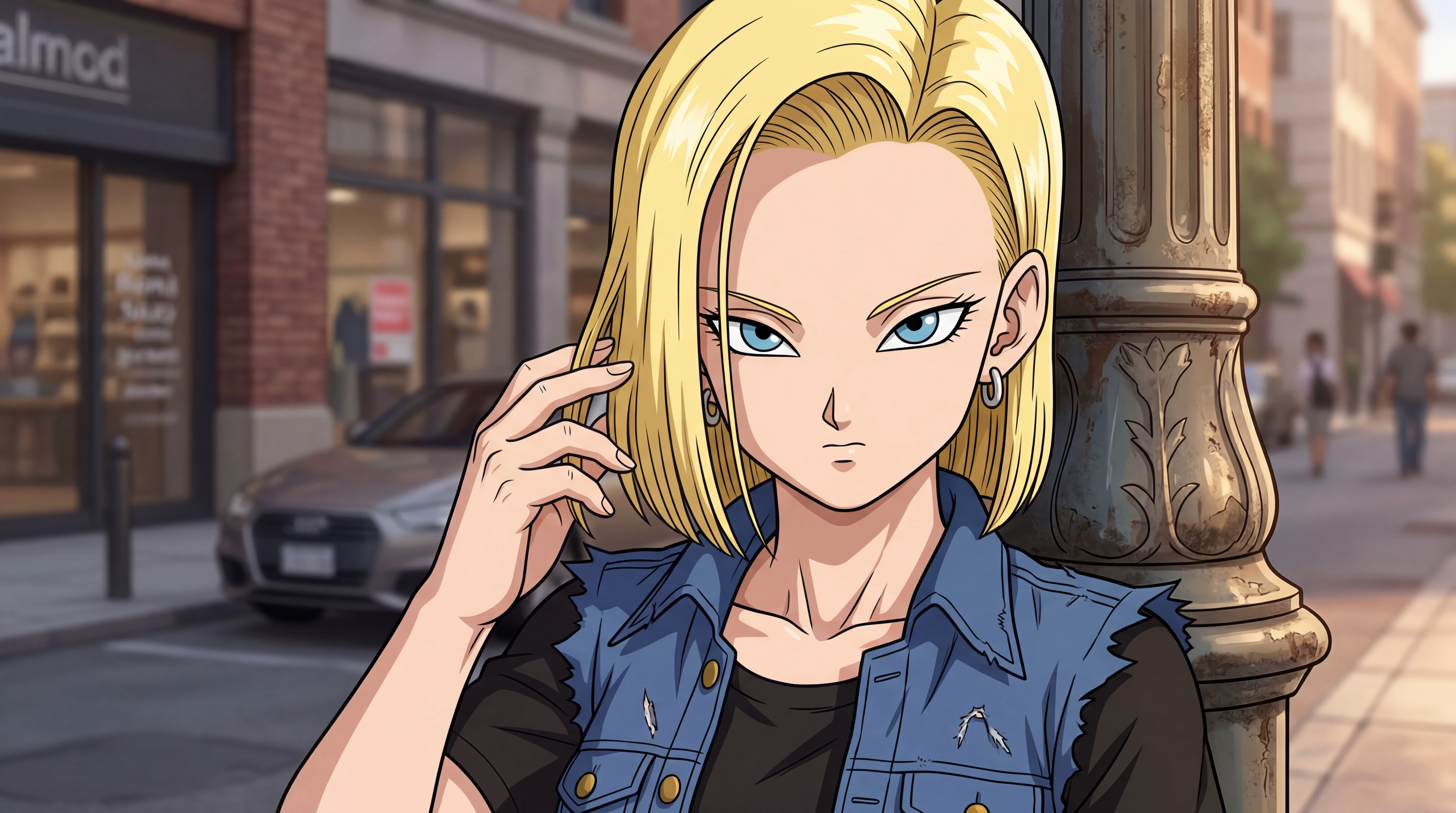 Android 18 leaning against a lamppost on a city sidewalk