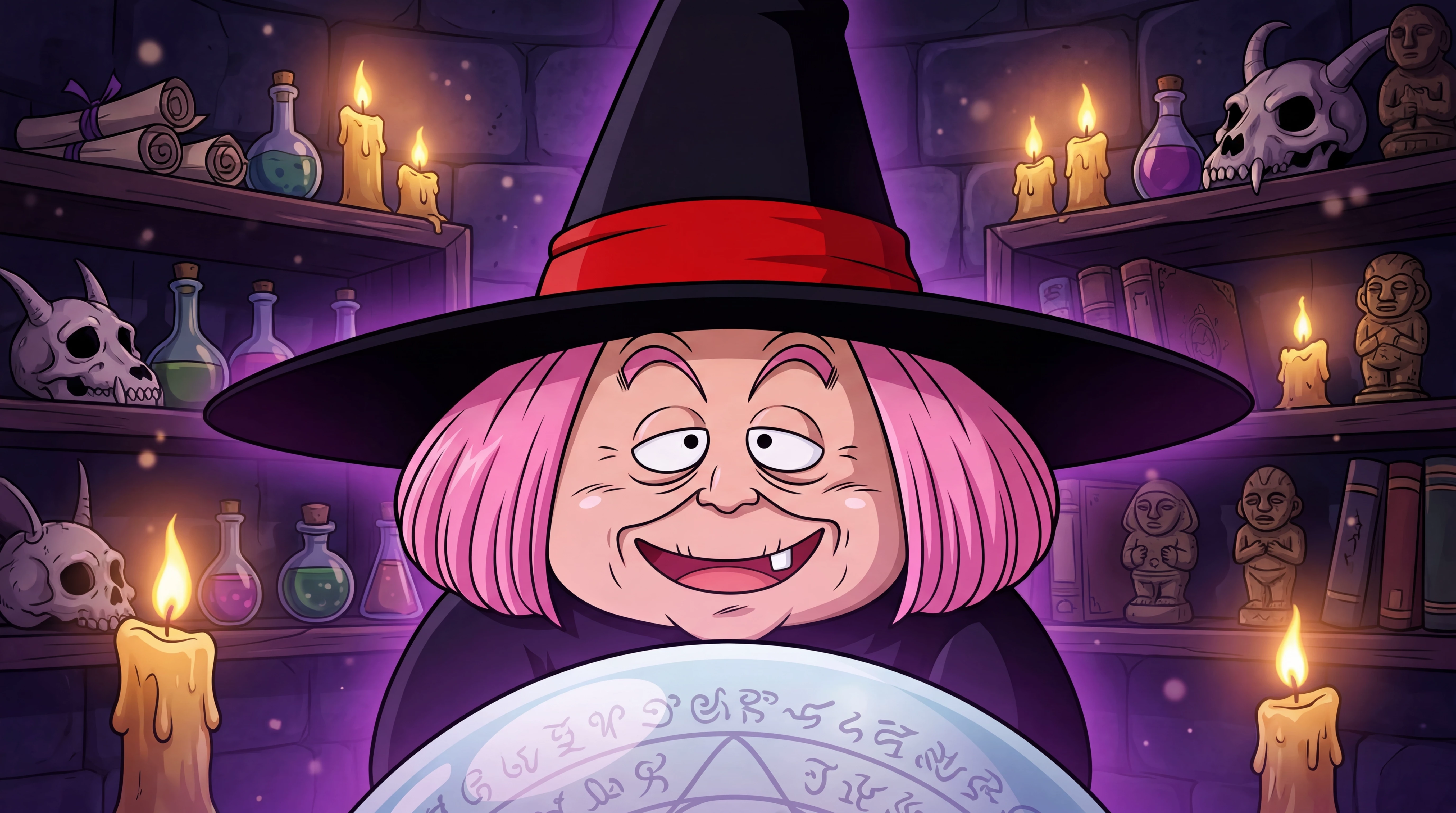 Fortuneteller Baba floating on her crystal ball in her palace