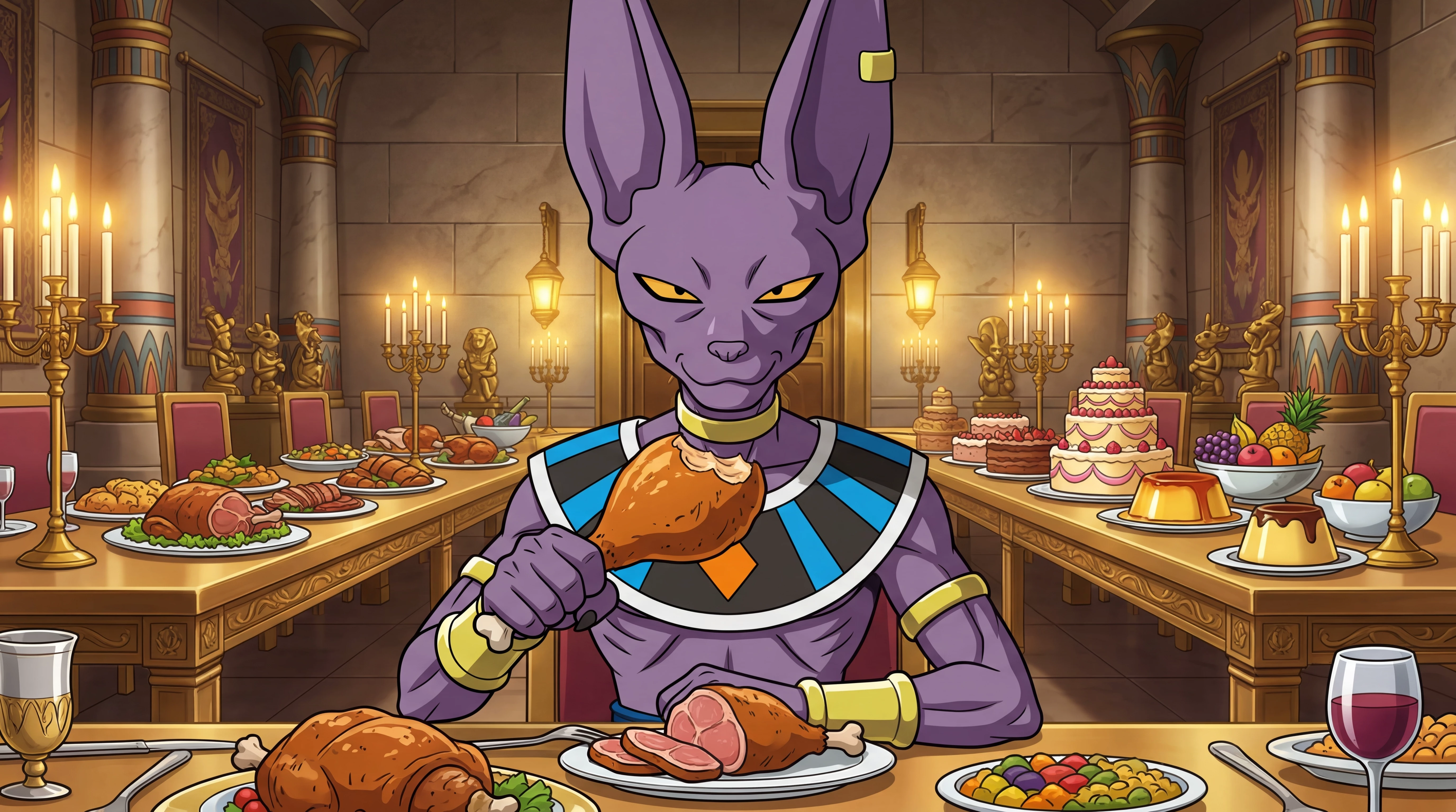 Beerus eating at a banquet in his temple