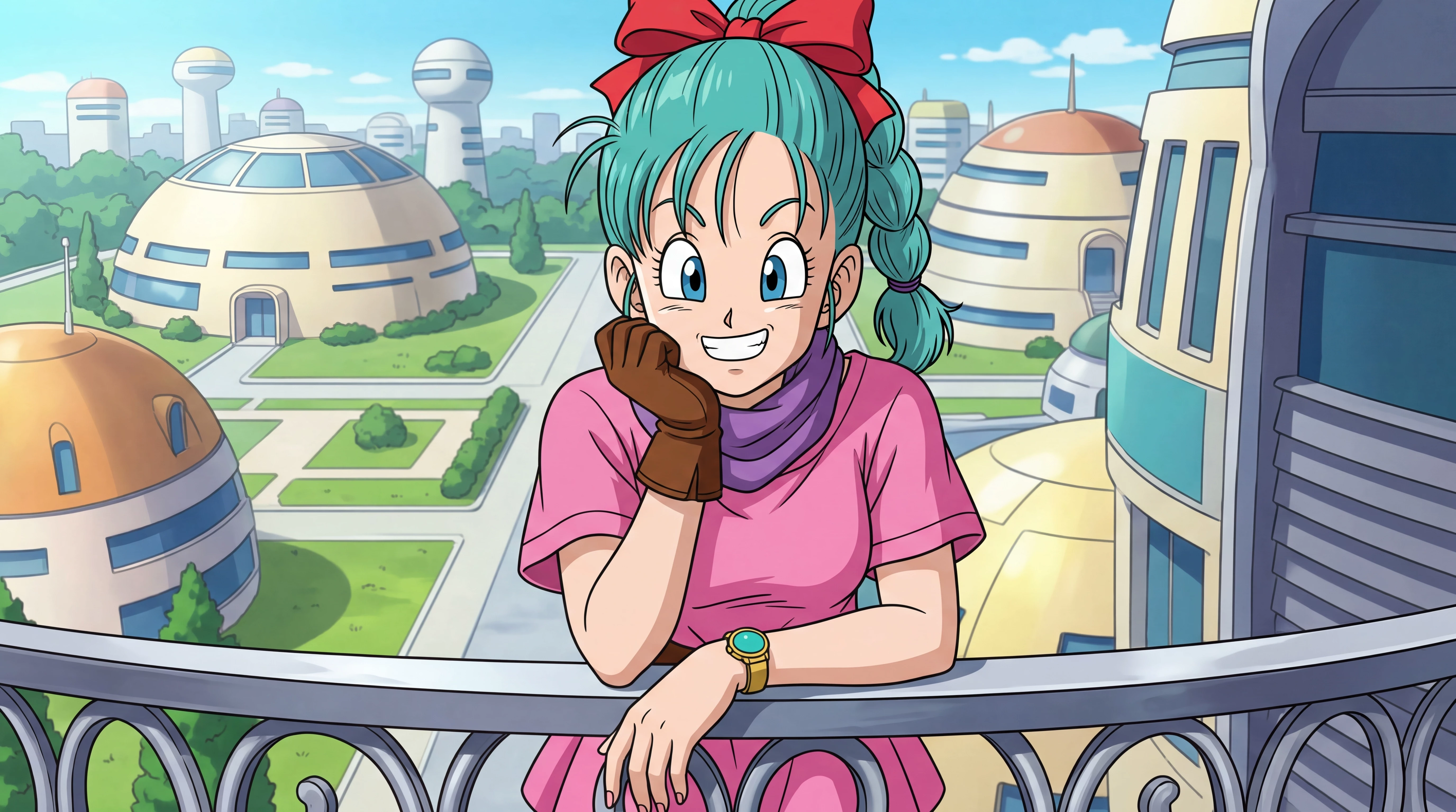 Bulma on a Capsule Corp balcony with a confident smile