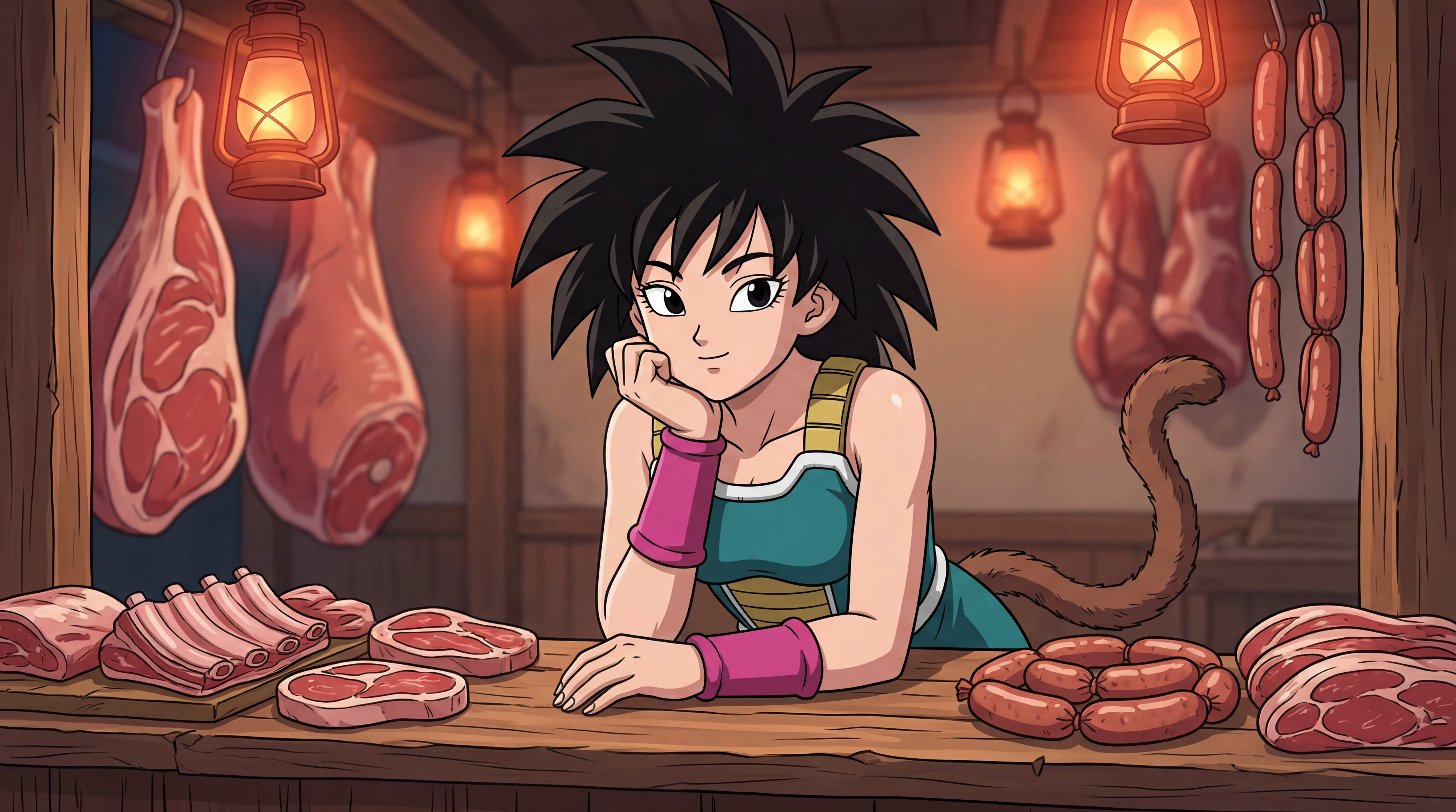 Gine leaning on a counter at a meat stall
