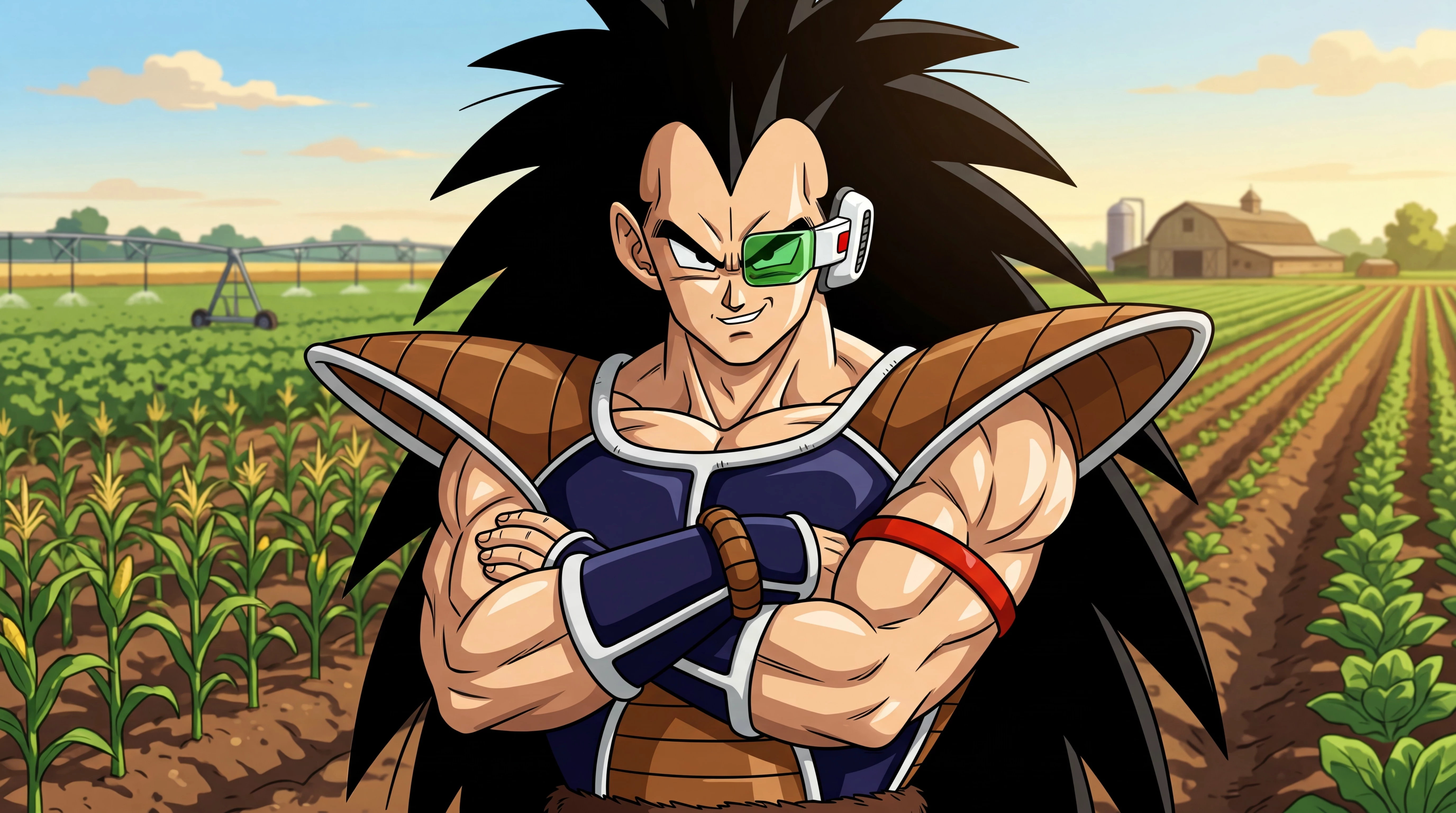 Raditz with arms crossed in a farm field