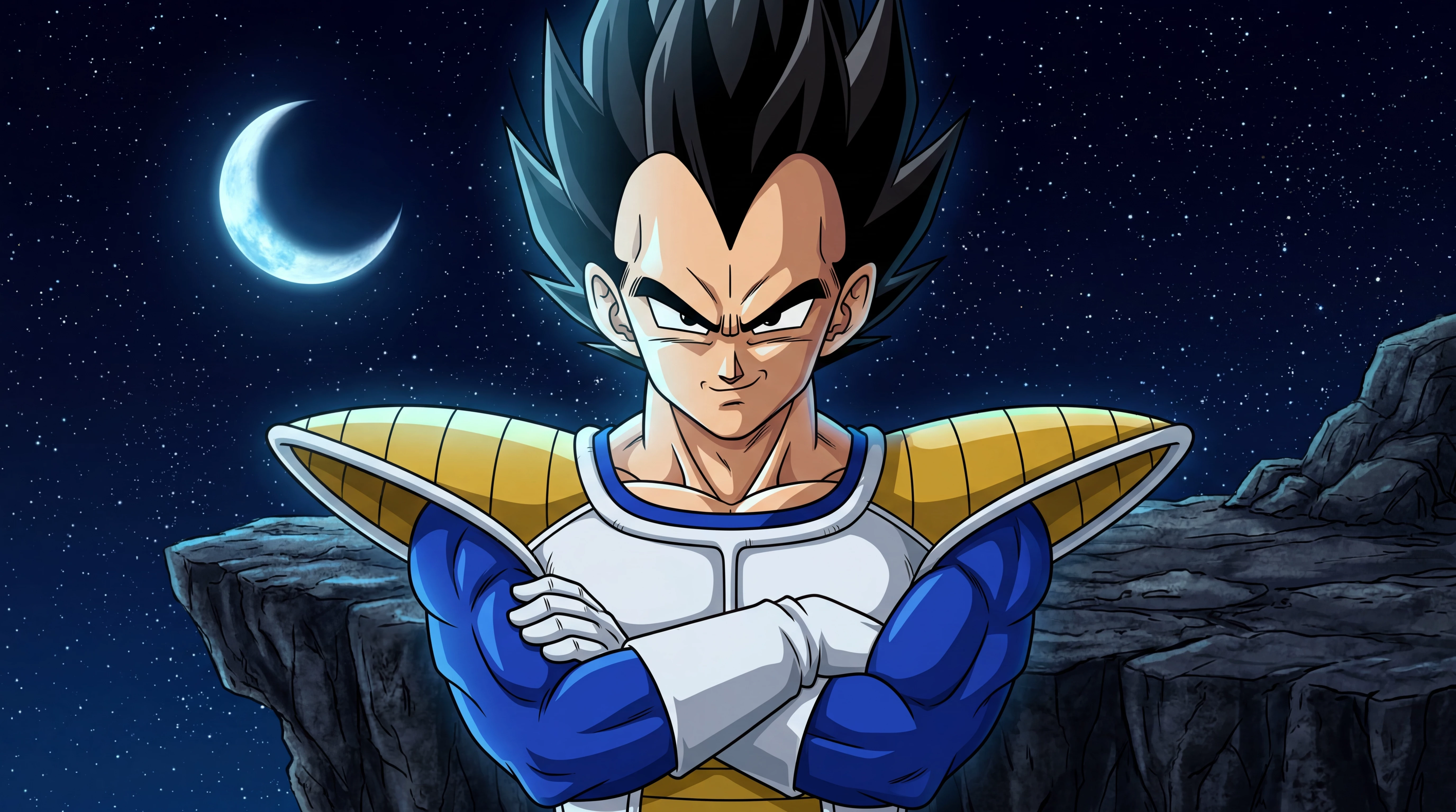 Vegeta arms crossed on a cliff under the stars