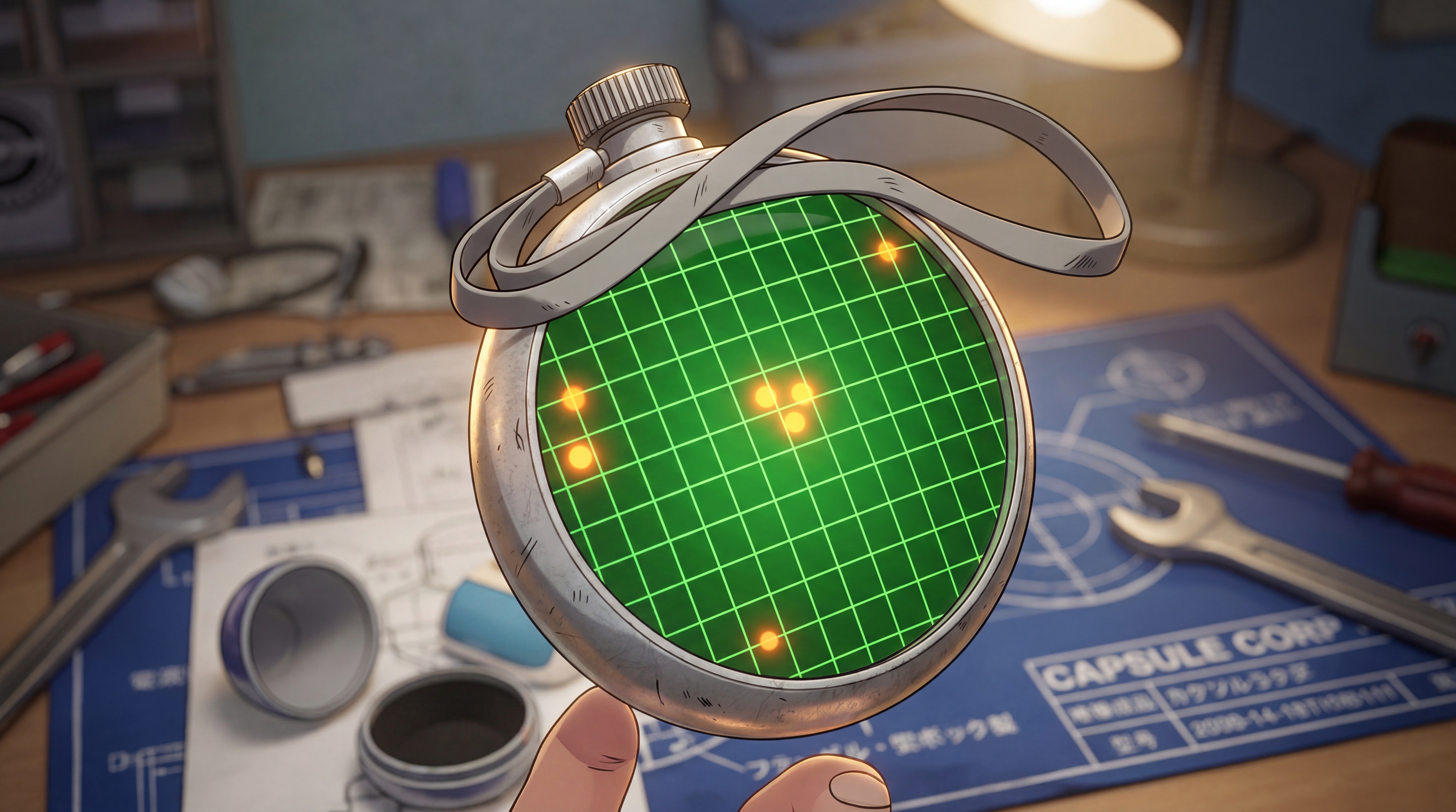 The Dragon Radar with its glowing green grid screen and orange signal dots resting on a Capsule Corp workbench