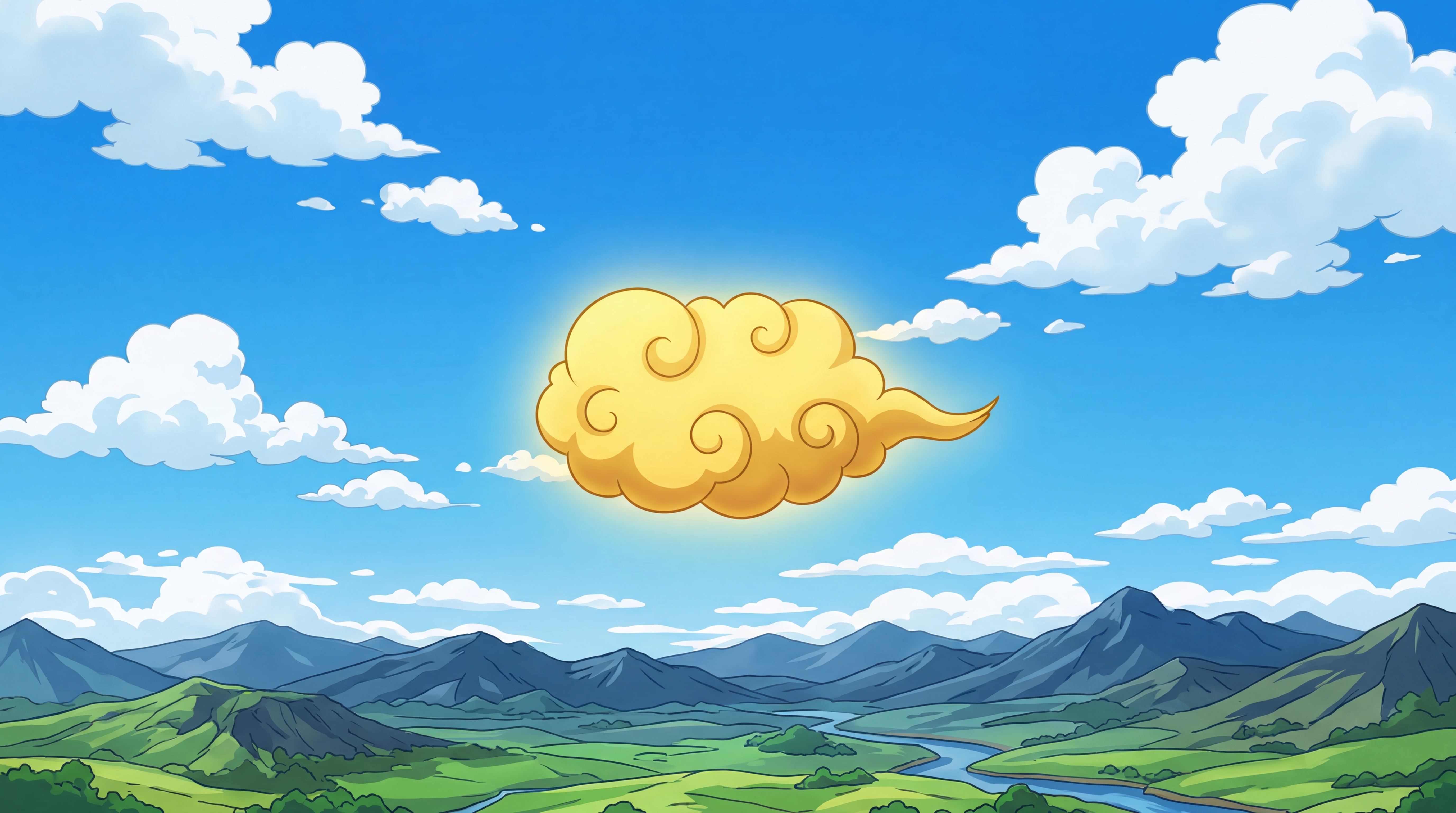The Flying Nimbus, a small golden yellow cloud, drifting through a bright blue sky over rolling green hills