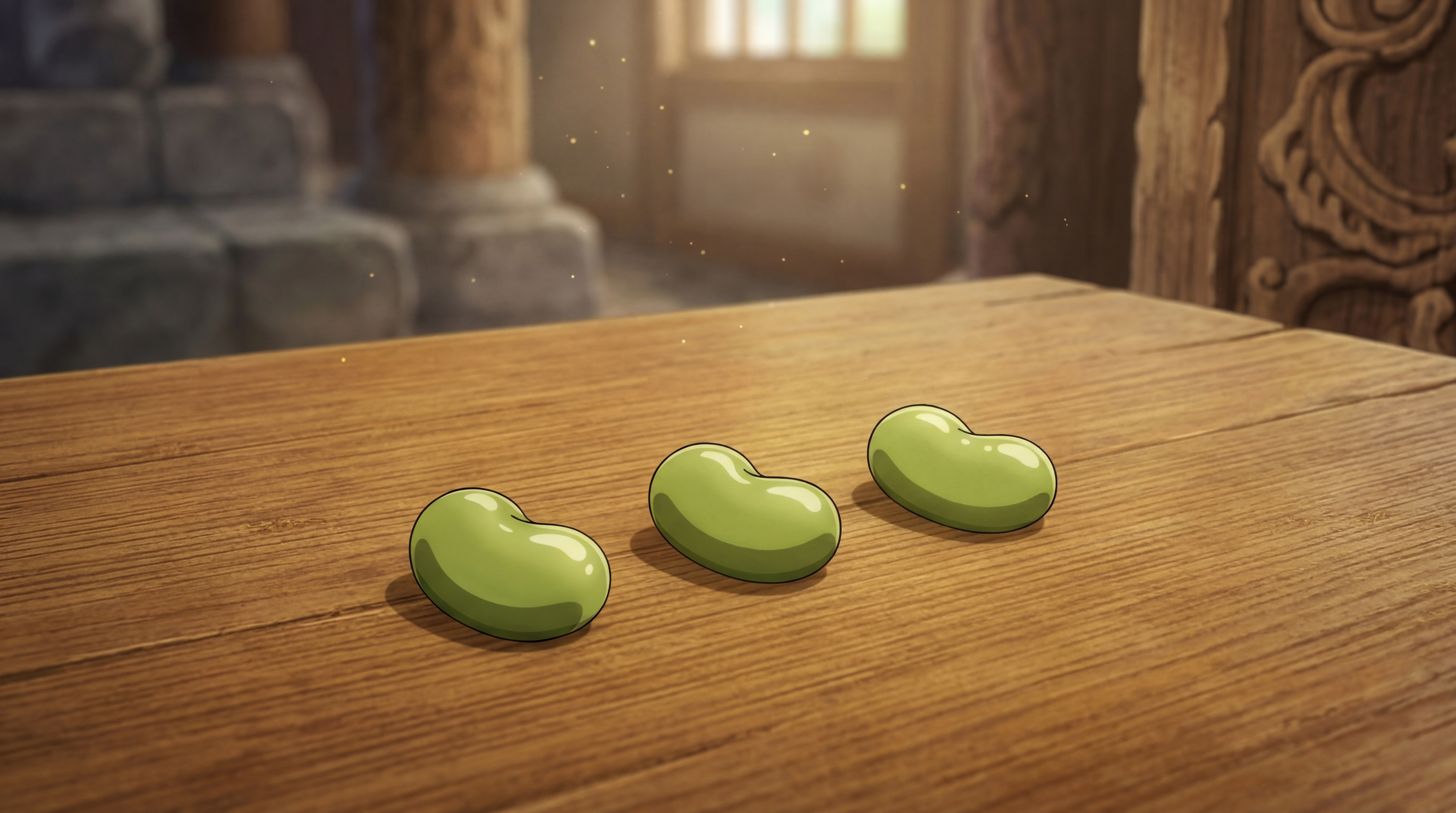 Three small emerald green Senzu beans resting on a wooden table in a mountain temple