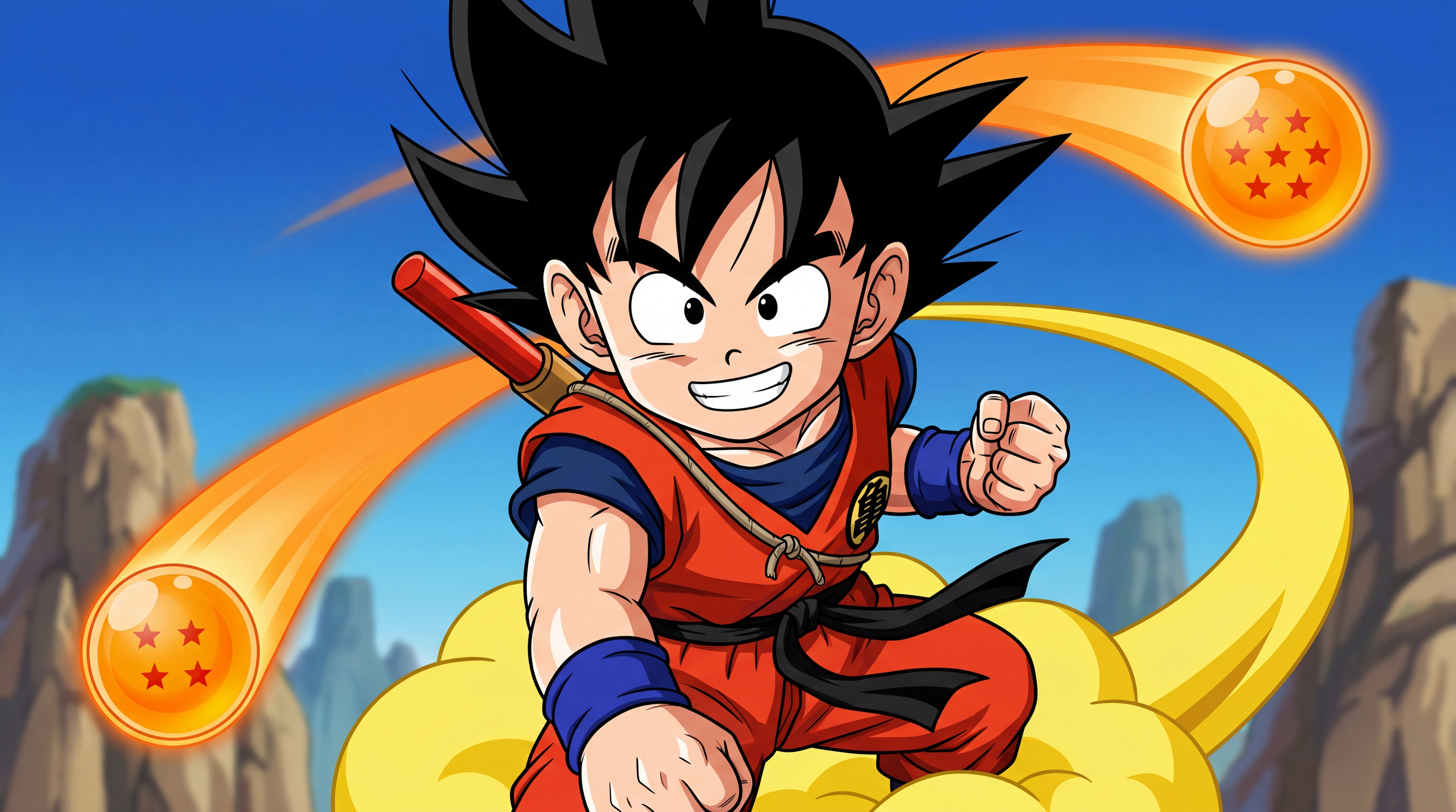 Dragon Ball series cover art featuring a close-up of kid Goku smiling confidently on his yellow Flying Nimbus cloud, with two dragon balls trailing orange energy comets behind him. Custom artwork by Daddy Jim Headquarters.