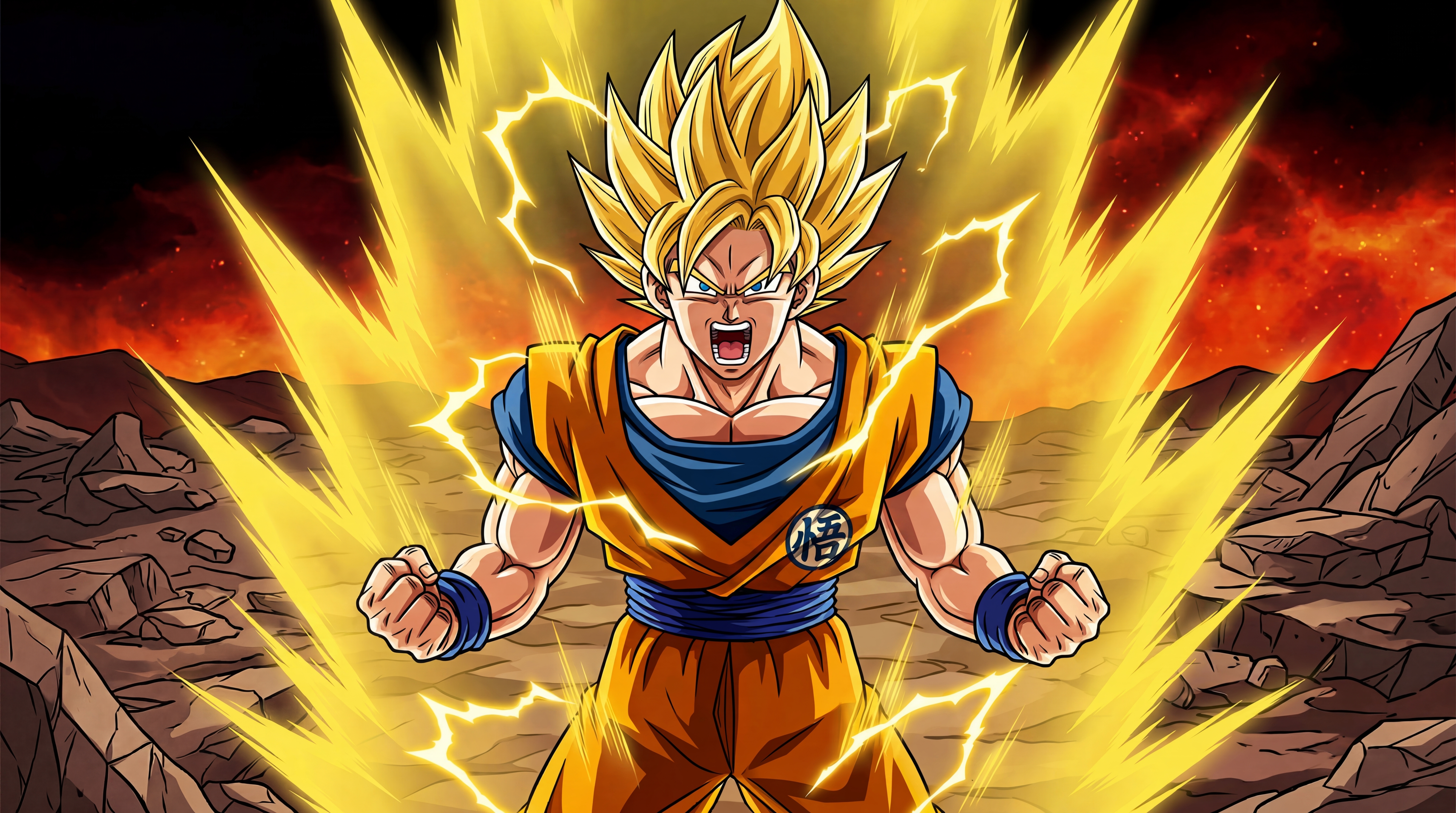 Dragon Ball Z series cover art featuring adult Goku in his Super Saiyan transformation mid-power-up roar, golden spiked hair and electric ki aura radiating across a dramatic red and black battlefield sky. Custom artwork by Daddy Jim Headquarters.