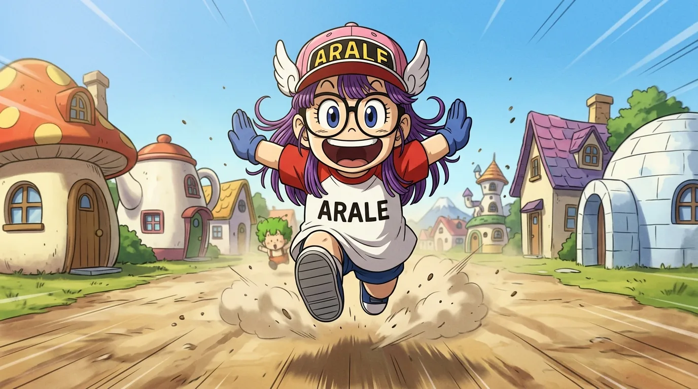 Arale Norimaki, the super-strong android girl from Dr. Slump, wearing her pink winged ARALE cap and round glasses, dashing through Penguin Village.