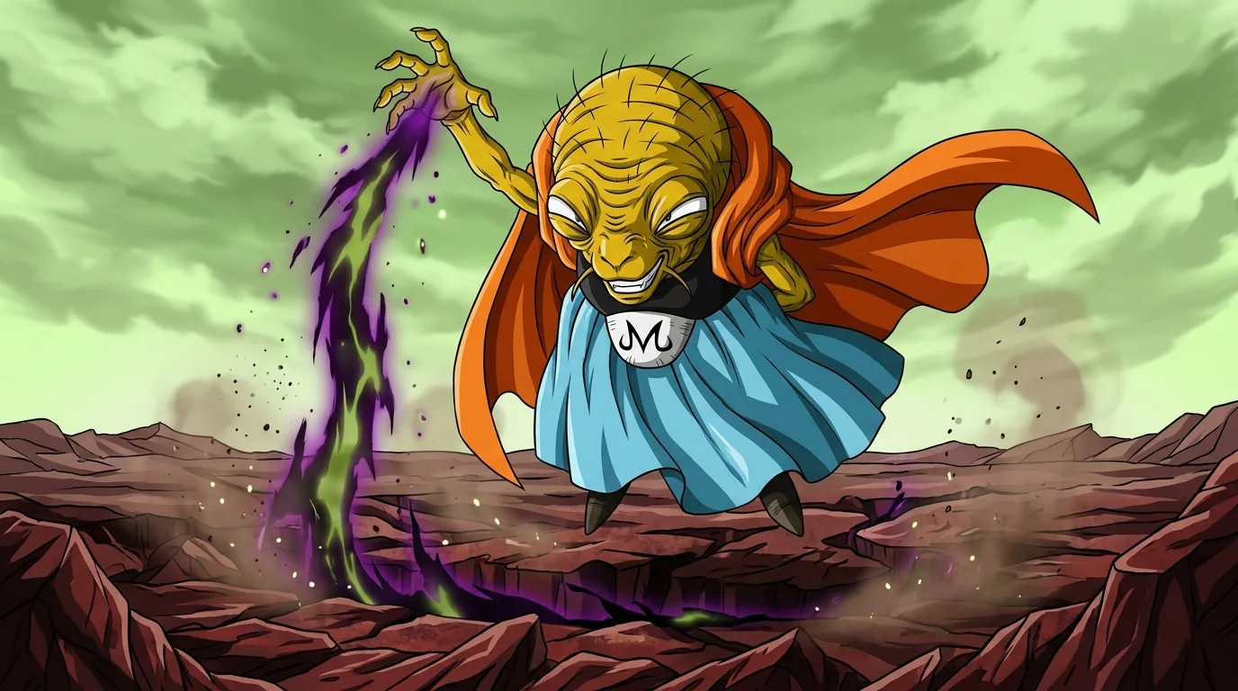 Babidi, the alien wizard who revived Majin Buu, a small wrinkled yellow being in a blue robe.