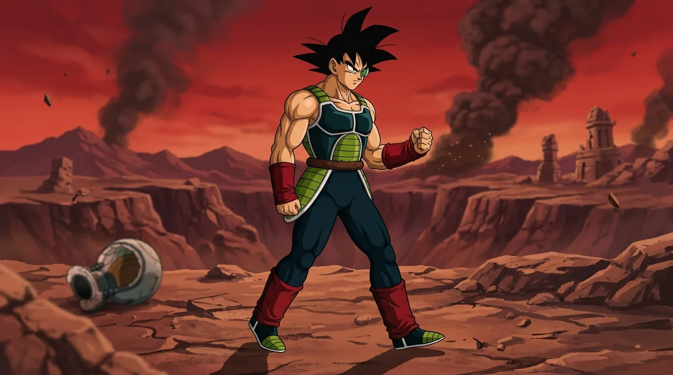 Bardock, the Saiyan warrior and father of Goku, in green and black battle armor with a green scouter, standing on a battlefield under a red sky.