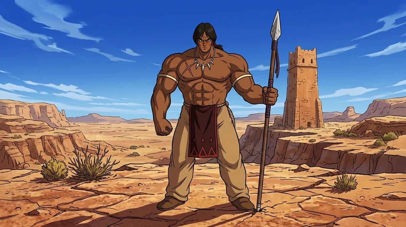 Bora, the towering guardian warrior of Korin Tower, a muscular man with face paint wielding a spear.
