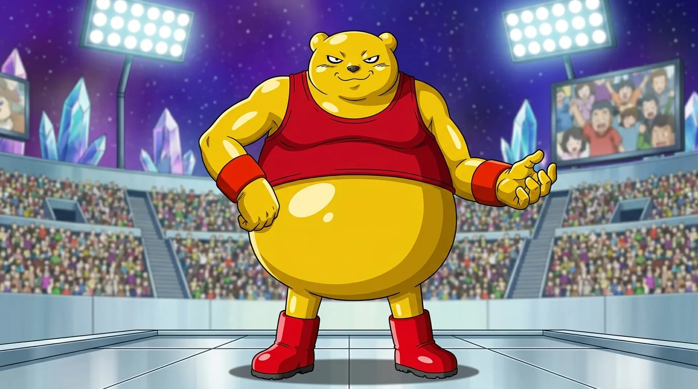 Botamo, a large yellow bear-like fighter of Universe 6 in a red tank top.