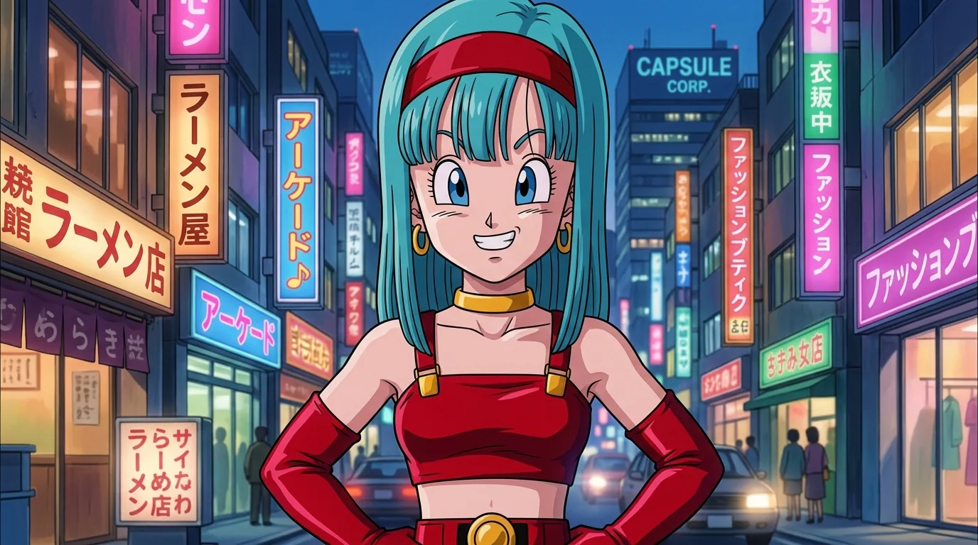 Bulla, the daughter of Vegeta and Bulma, a young woman with turquoise hair in a red outfit.