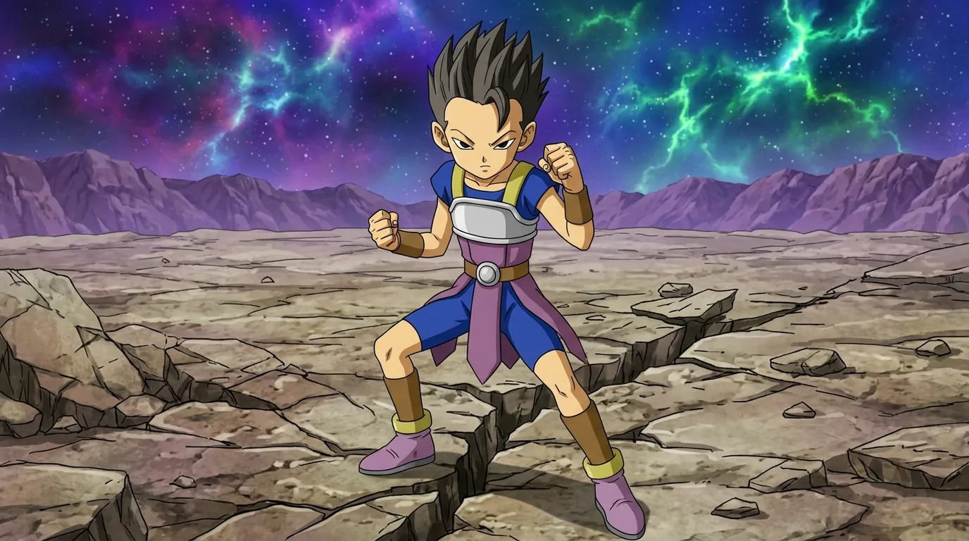 Cabba, a young Saiyan fighter of Universe 6, in his blue battle suit with silver chest armor and magenta accents, in a fighting stance.