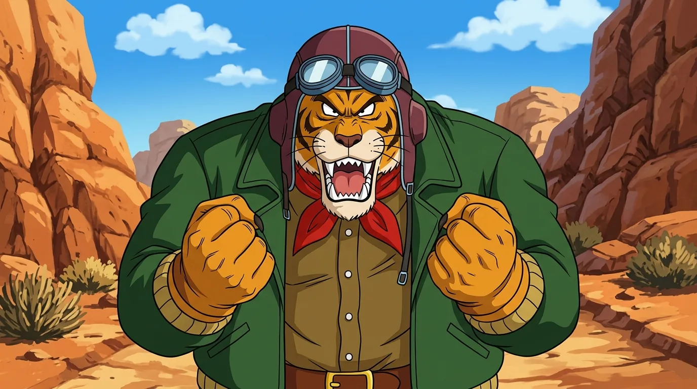 Captain Yellow, a tiger-like Red Ribbon Army officer in a green bomber jacket and aviator cap.
