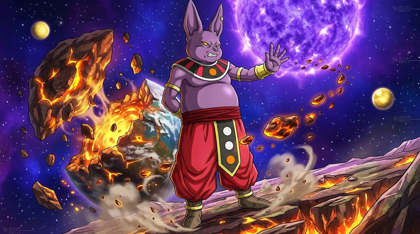 Champa, the God of Destruction of Universe 6, a portly purple cat-like deity in a red and gold collar and red robes, amid a breaking planet in space.