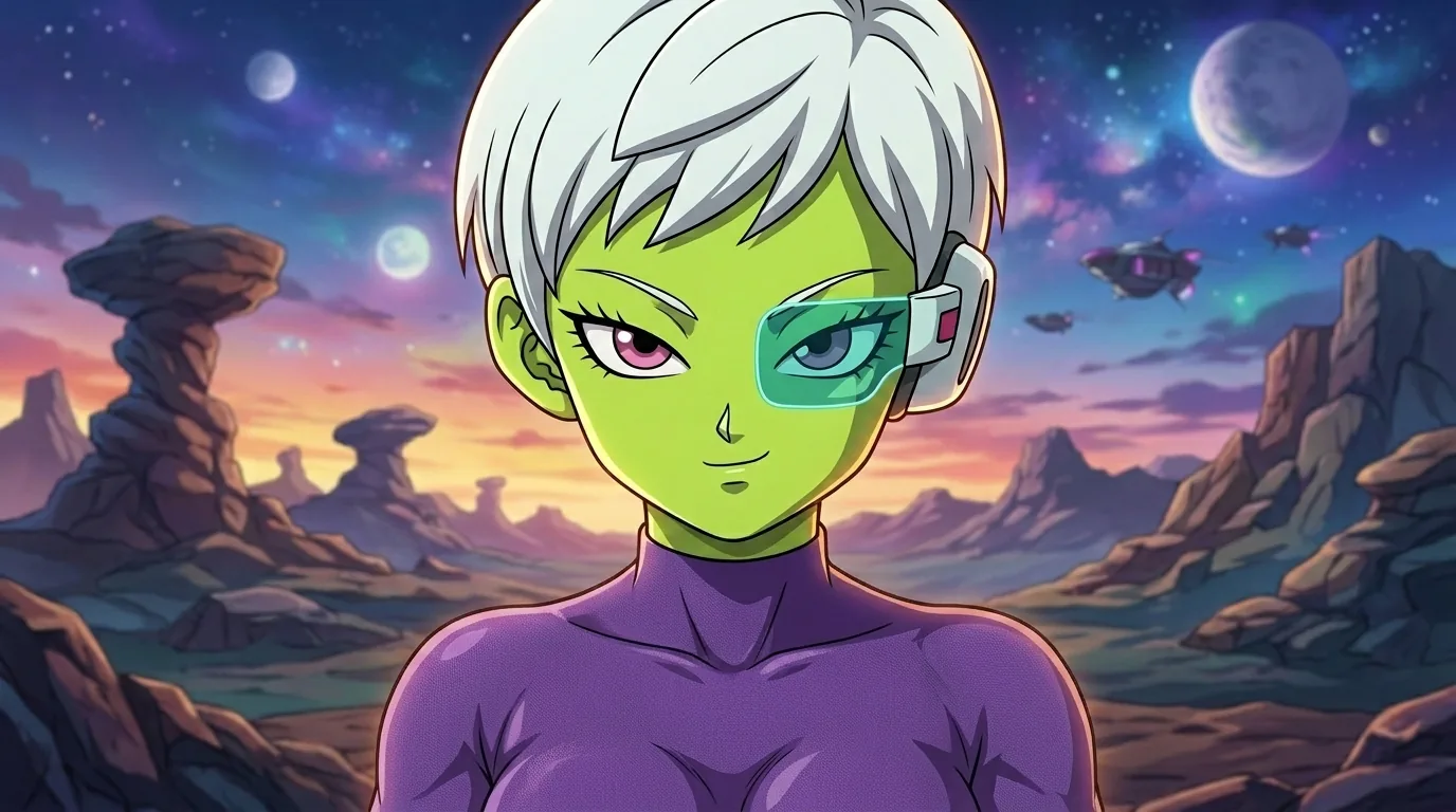 Cheelai, the green-skinned Frieza Force soldier from Dragon Ball Super, on a rugged alien planet at dusk