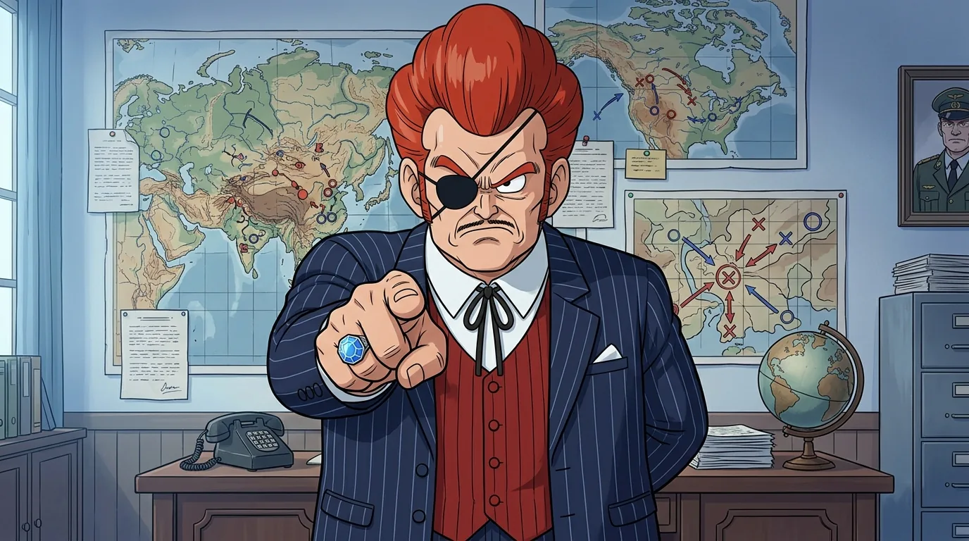 Commander Red, the diminutive leader of the Red Ribbon Army with red hair and an eyepatch.