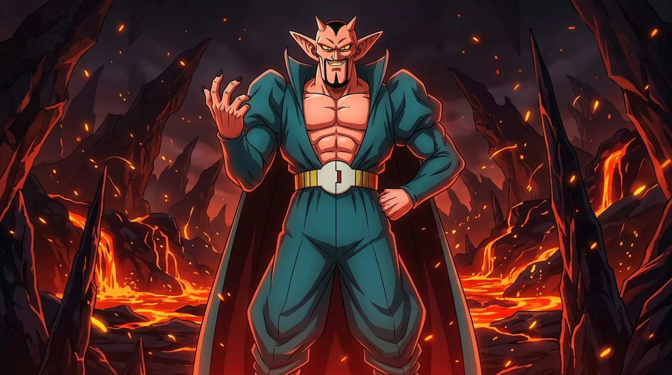 Dabura, the Demon King, a red-skinned horned demon in a dark cape over a bare muscular chest.