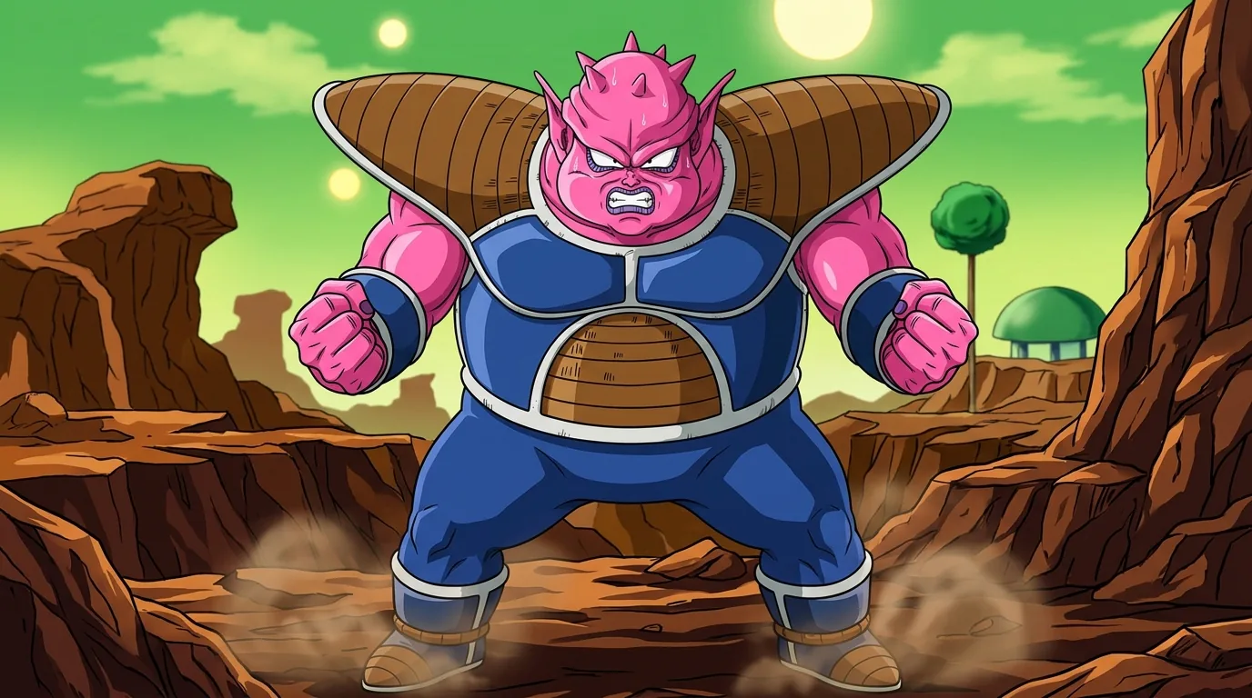 Dodoria, a hulking pink-skinned Frieza Force officer in blue and tan armor.