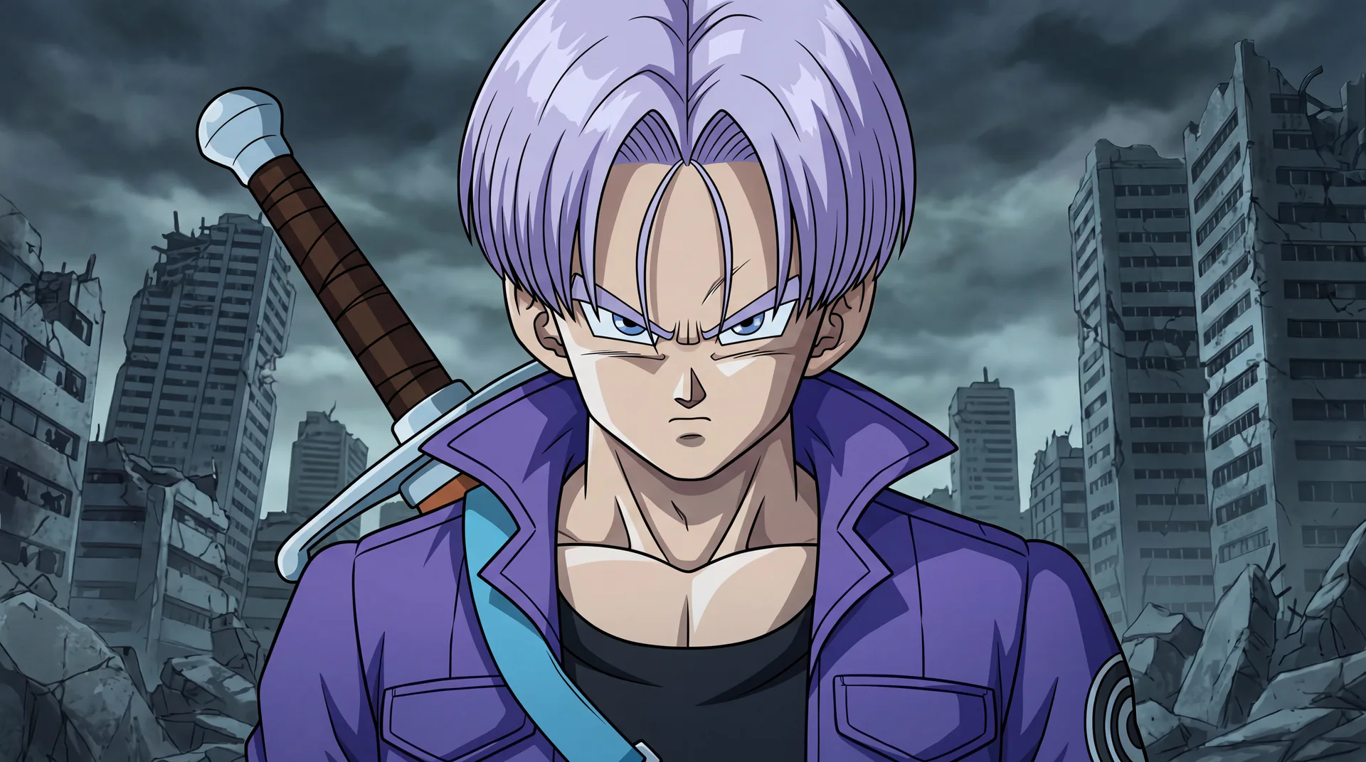 Future Trunks on a damaged rooftop in a post-apocalyptic city