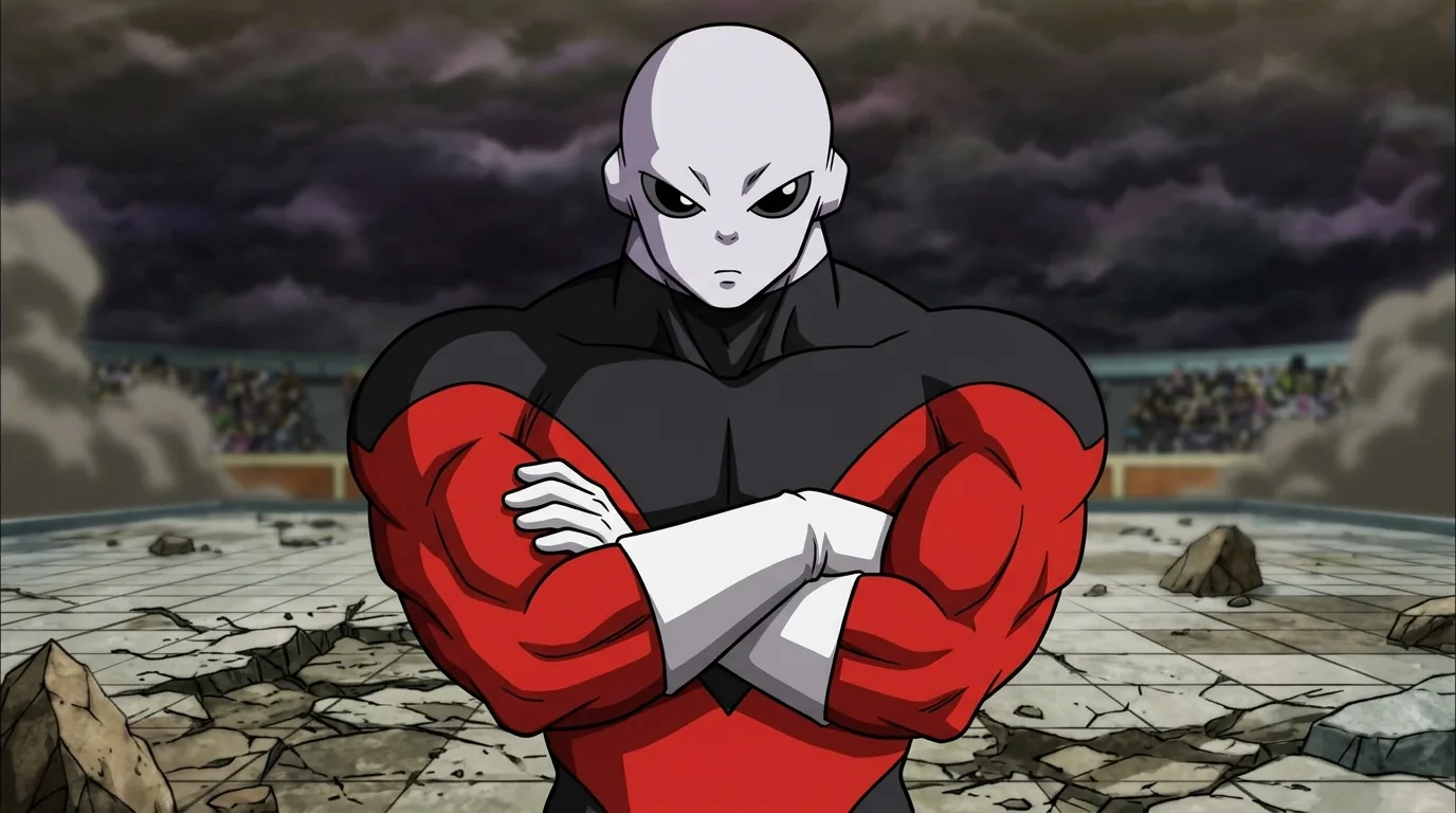 Jiren, the stoic grey-skinned Pride Trooper of Universe 11 in a red and black suit.