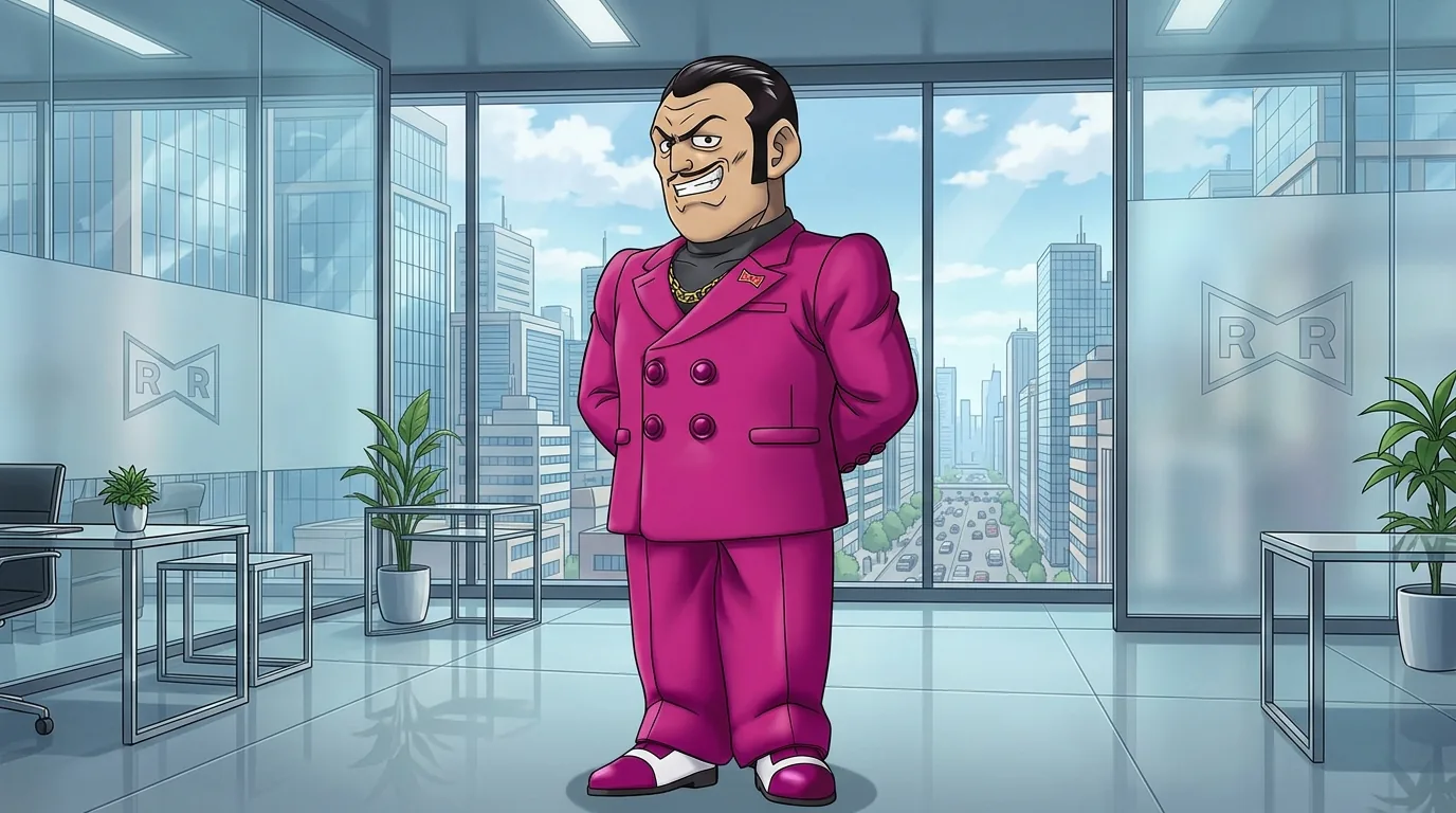 Magenta, the head of the Red Pharmaceuticals company in a magenta suit.