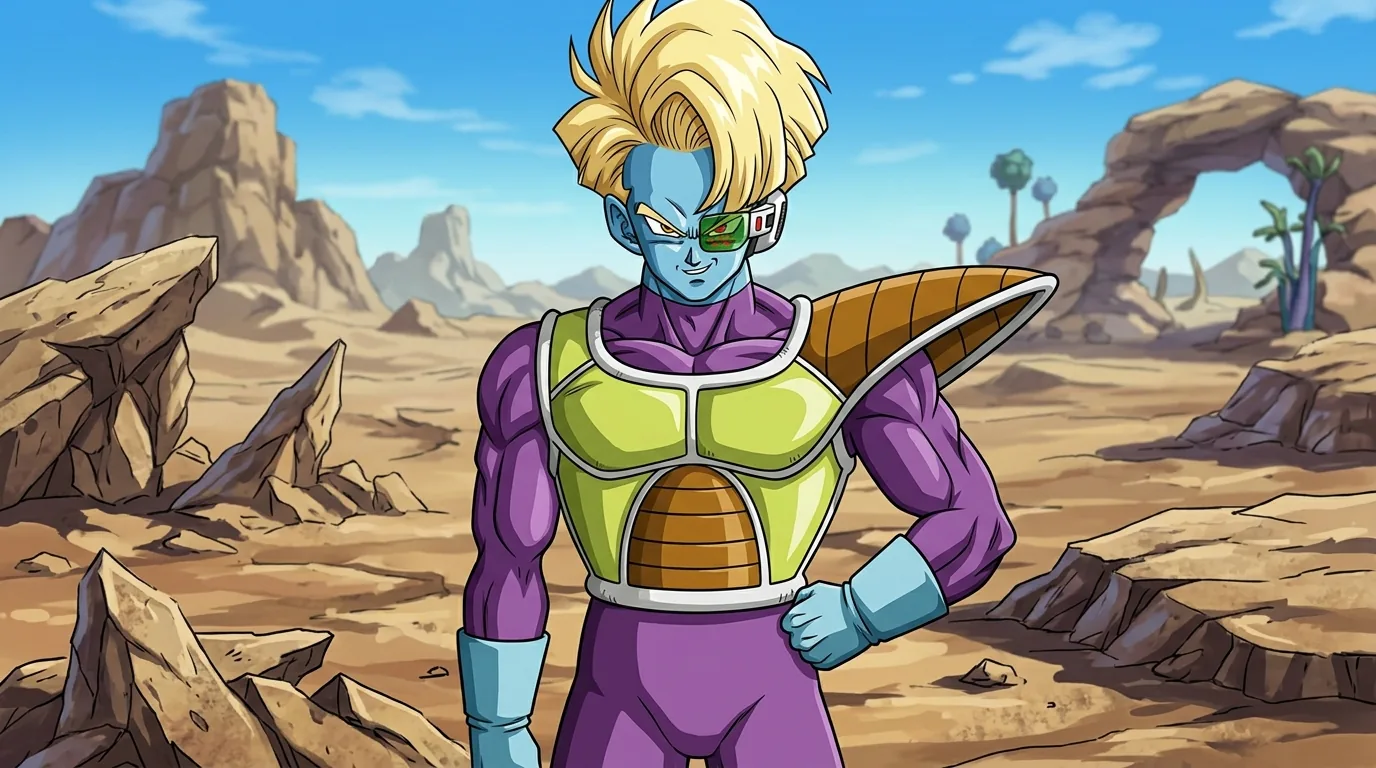 Salza, the blue-skinned leader of Cooler's Armored Squadron with blonde hair.