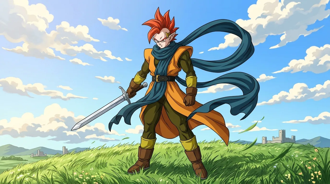 Tapion, the red-haired warrior hero who wields a sword and a magical ocarina.