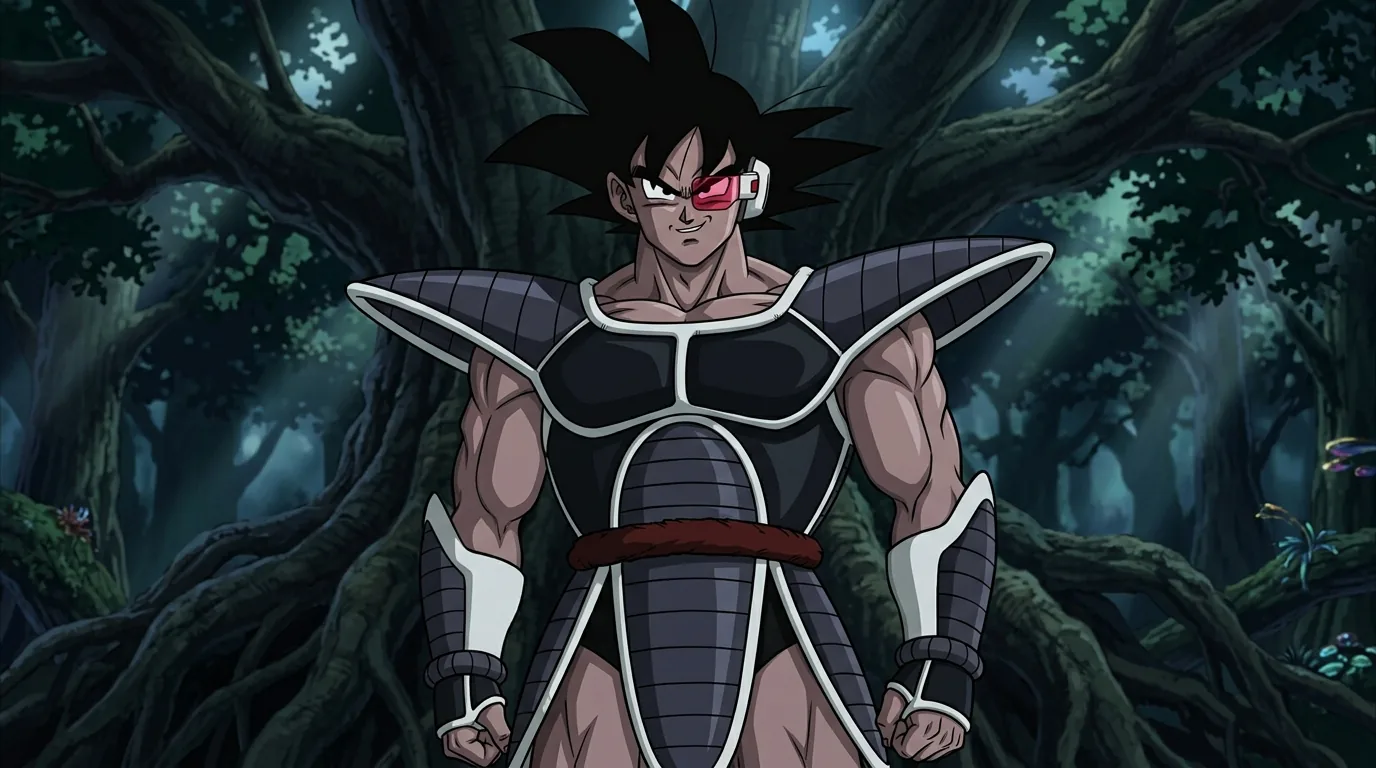 Turles, an evil Saiyan resembling Goku with dark skin and Saiyan battle armor.