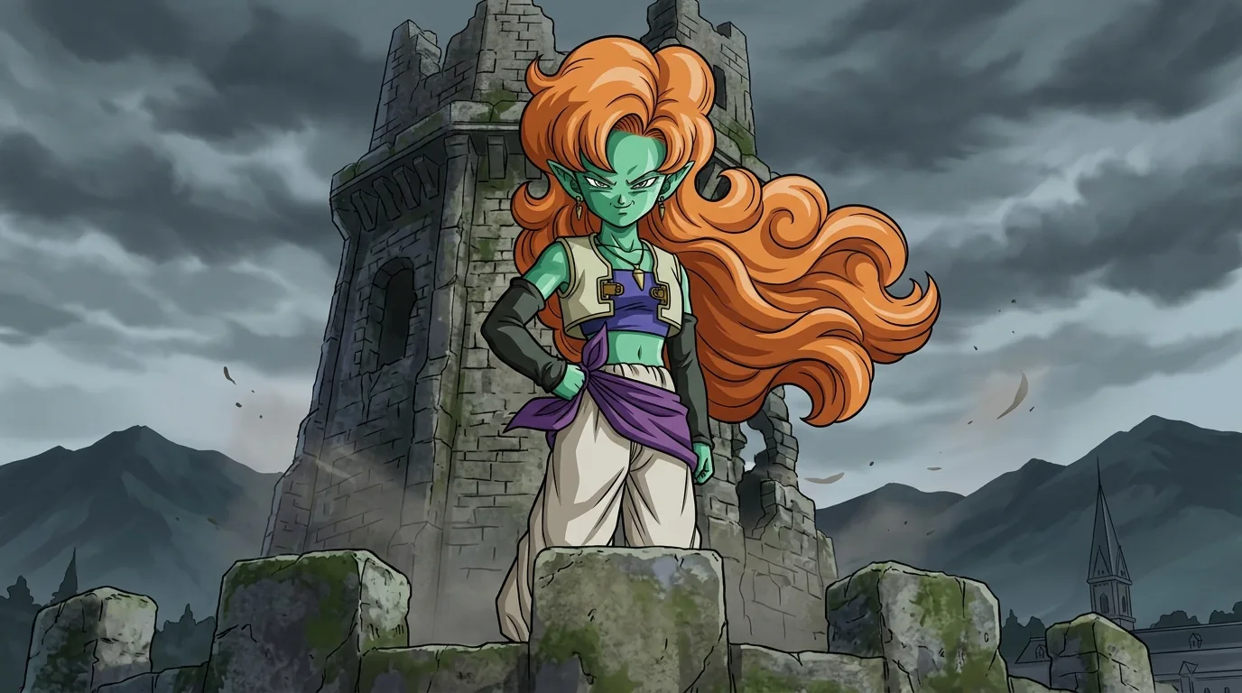 Zangya, the teal-skinned female henchman of Bojack with wavy orange hair.