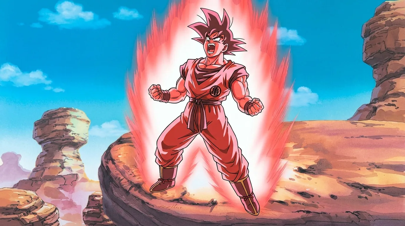 Kaio-ken transformation, a fighter enveloped in the signature crimson ki aura of King Kai's amplification technique