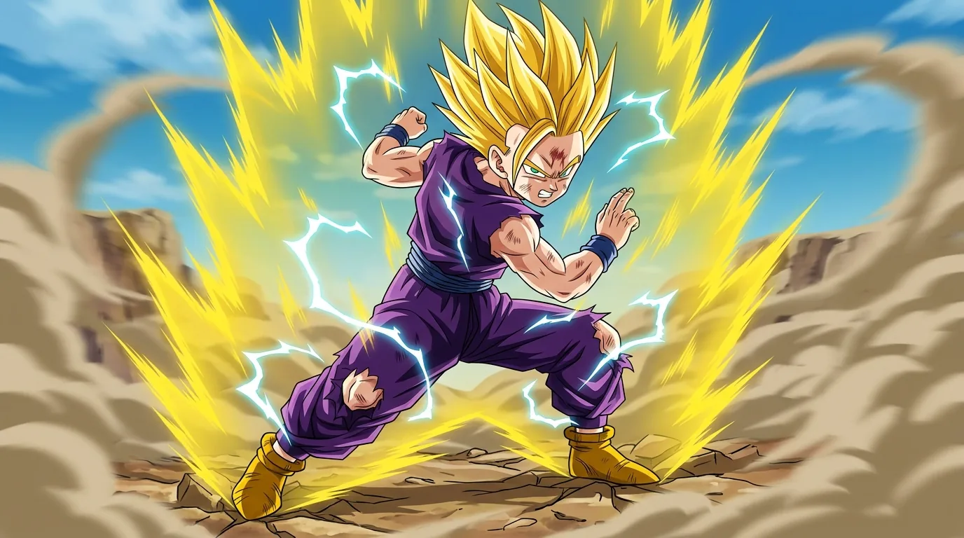 Super Saiyan 2, the spiked golden hair and electric blue ki sparks of the second Super Saiyan level