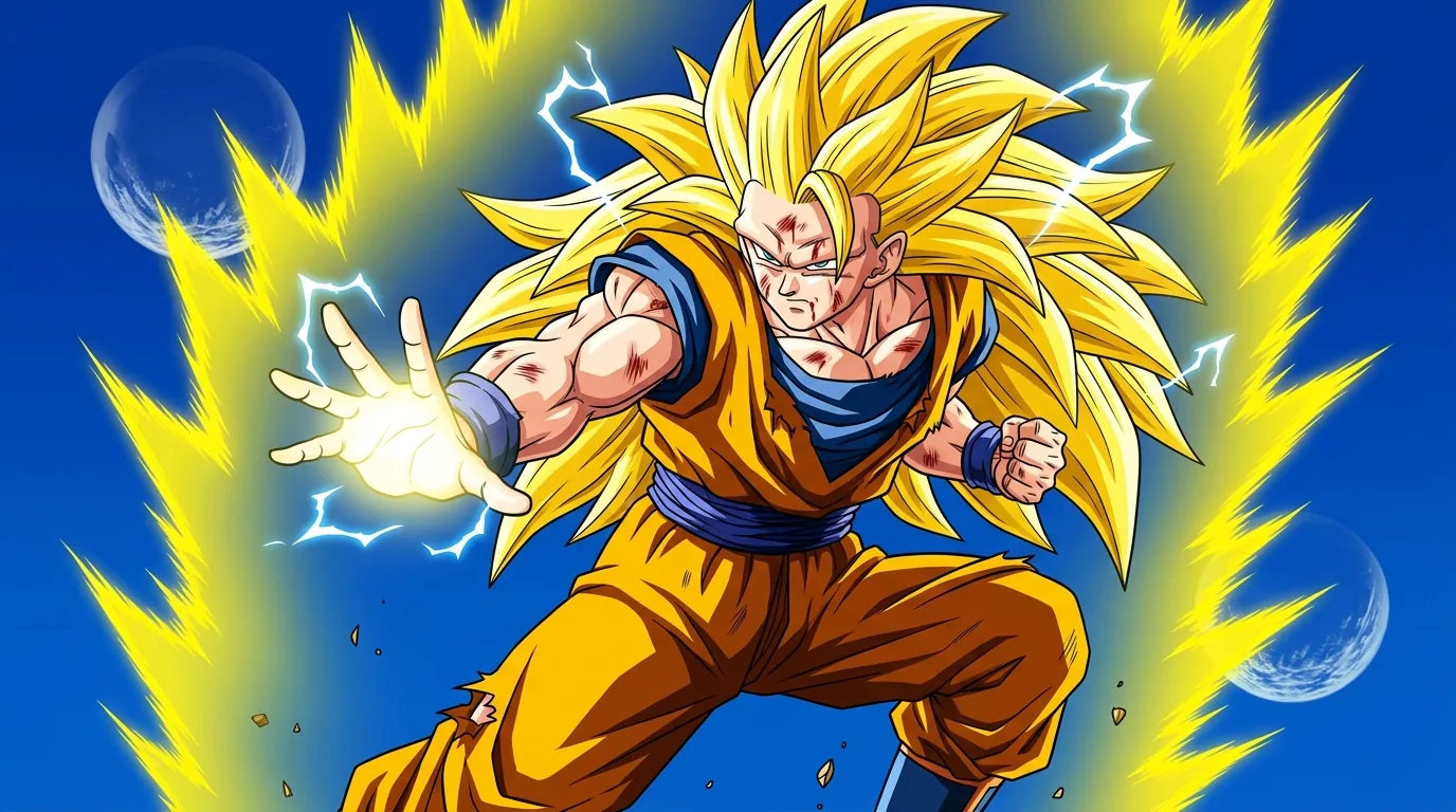 Super Saiyan 3, the extreme transformation with waist-length golden hair and a massive bursting golden aura