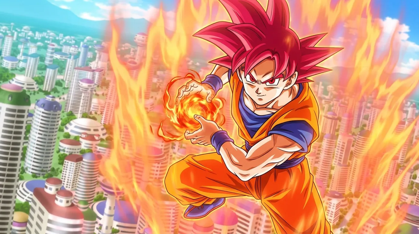 Super Saiyan God, the slim red-haired divine Saiyan transformation with crimson flame-like ki