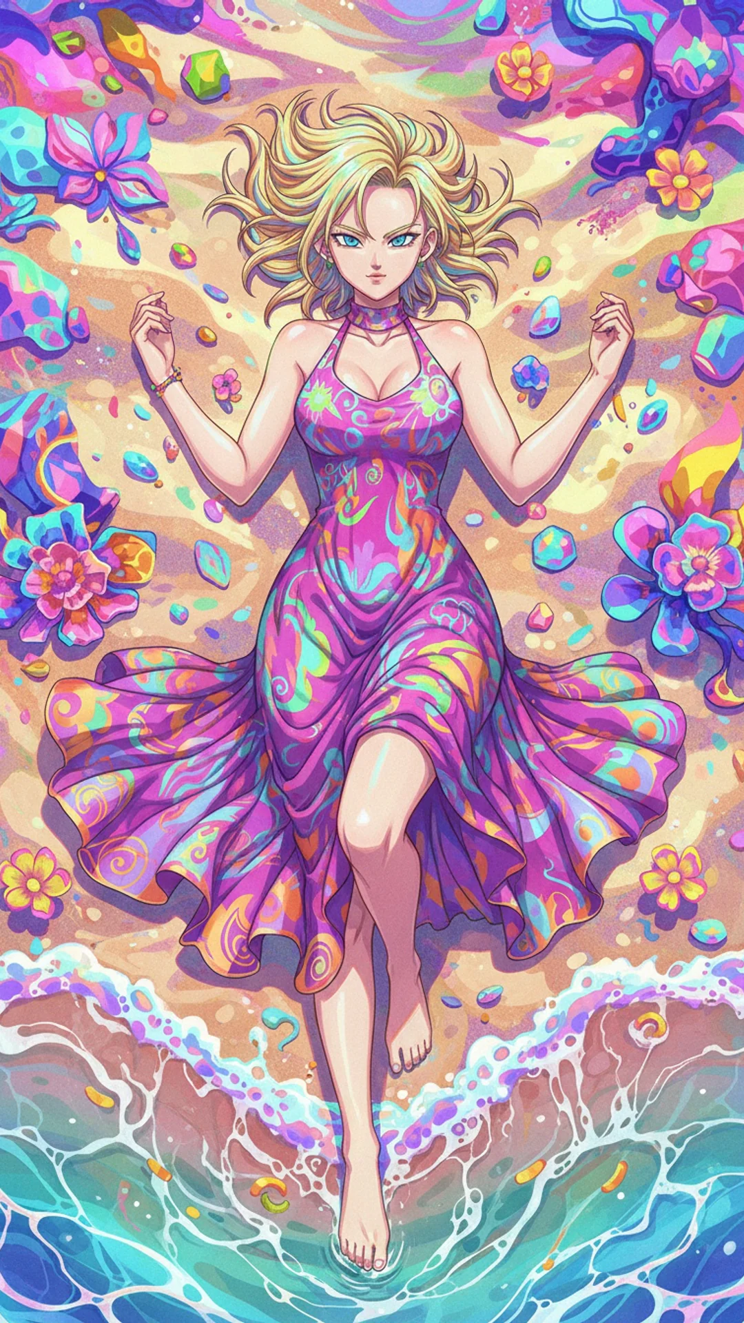 Young woman in flowing psychedelic dress gracefully dips foot in water, vibrant AI Art from Daddy Jim Headquarters