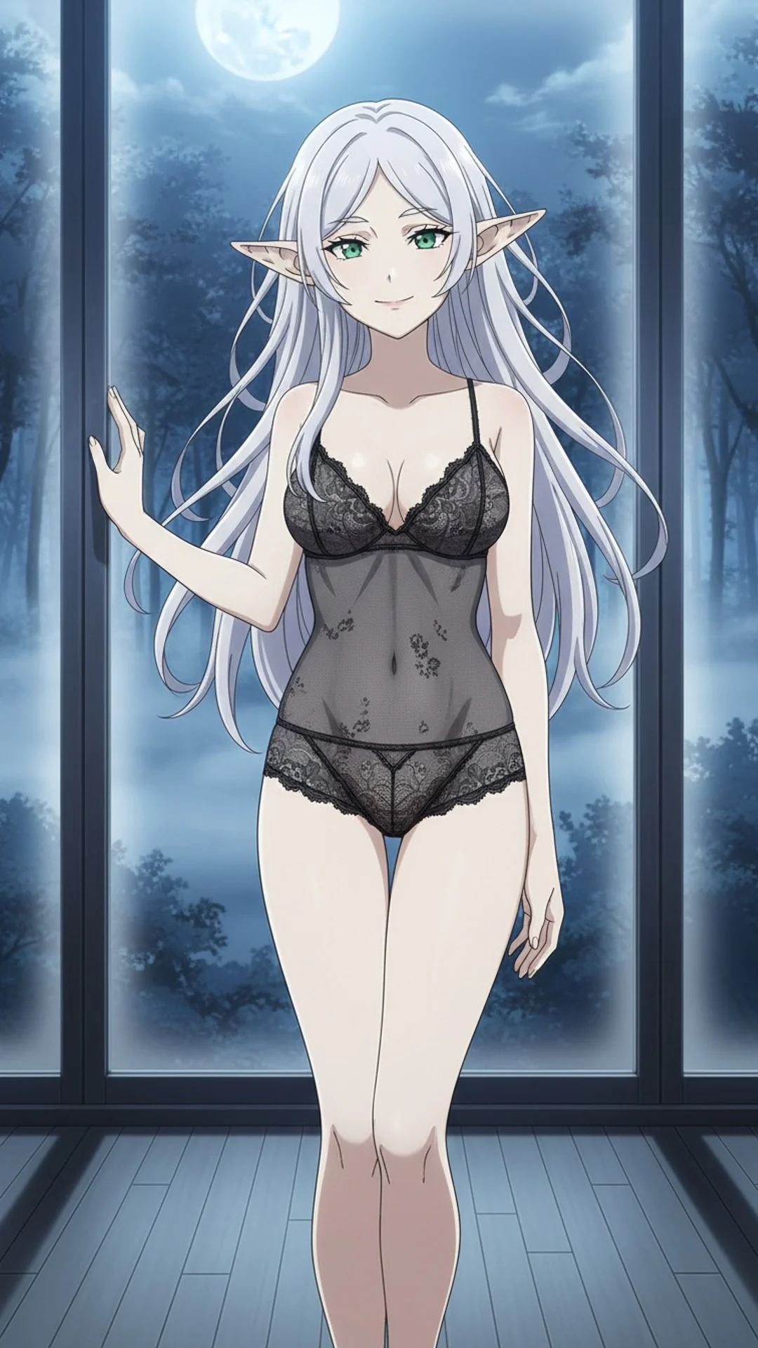 Ethereal elf anime waifu with pointed ears and flowing hair - AI Art from Daddy Jim Headquarters inspired by Frieren style