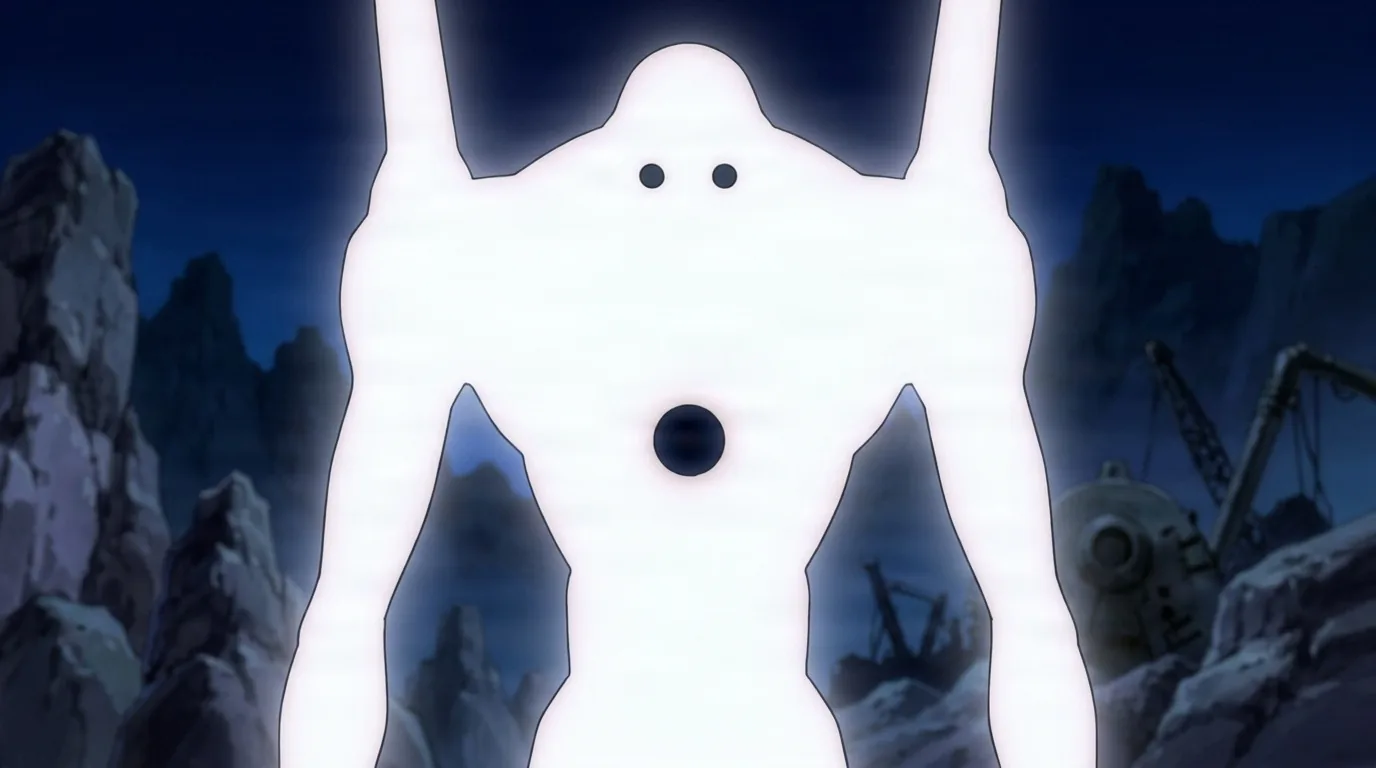 Adam, a glowing white humanoid giant with two dark eye dots and raised arms, towering over jagged rocks and wreckage at night