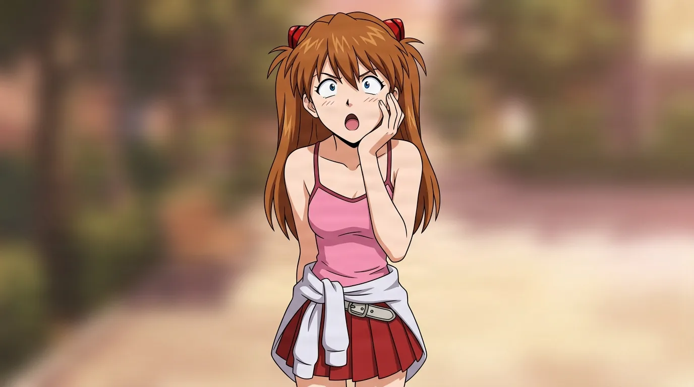 Asuka Shikinami Langley from Evangelion in a close-framed cel-shaded anime scene with a detailed environment