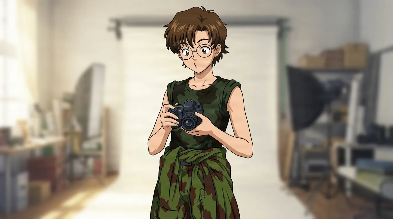 Kensuke Aida from Evangelion in a close-framed cel-shaded anime scene with a detailed environment