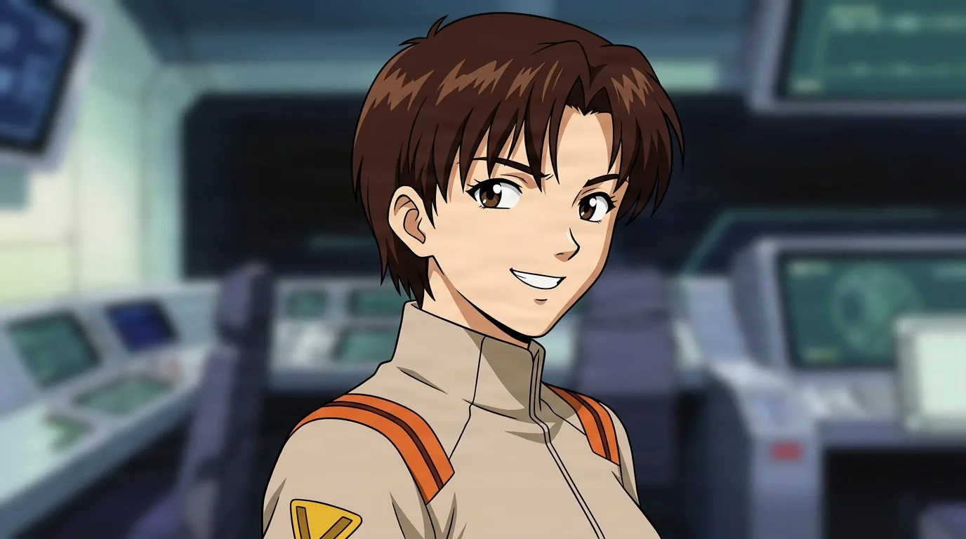 Maya Ibuki from Evangelion in a close-framed cel-shaded anime scene with a detailed environment